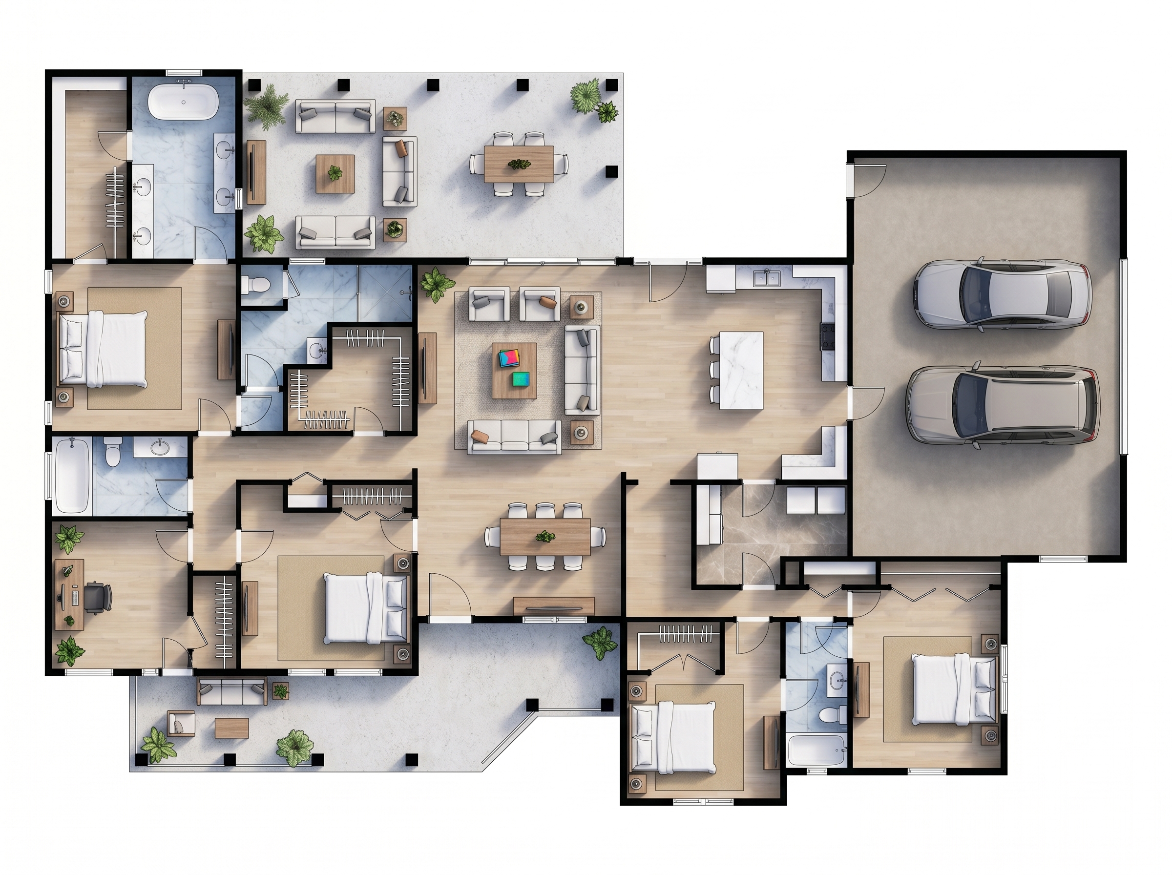 4 bedroom earthy floor plan showing 5 bathrooms - 4,184 sq ft