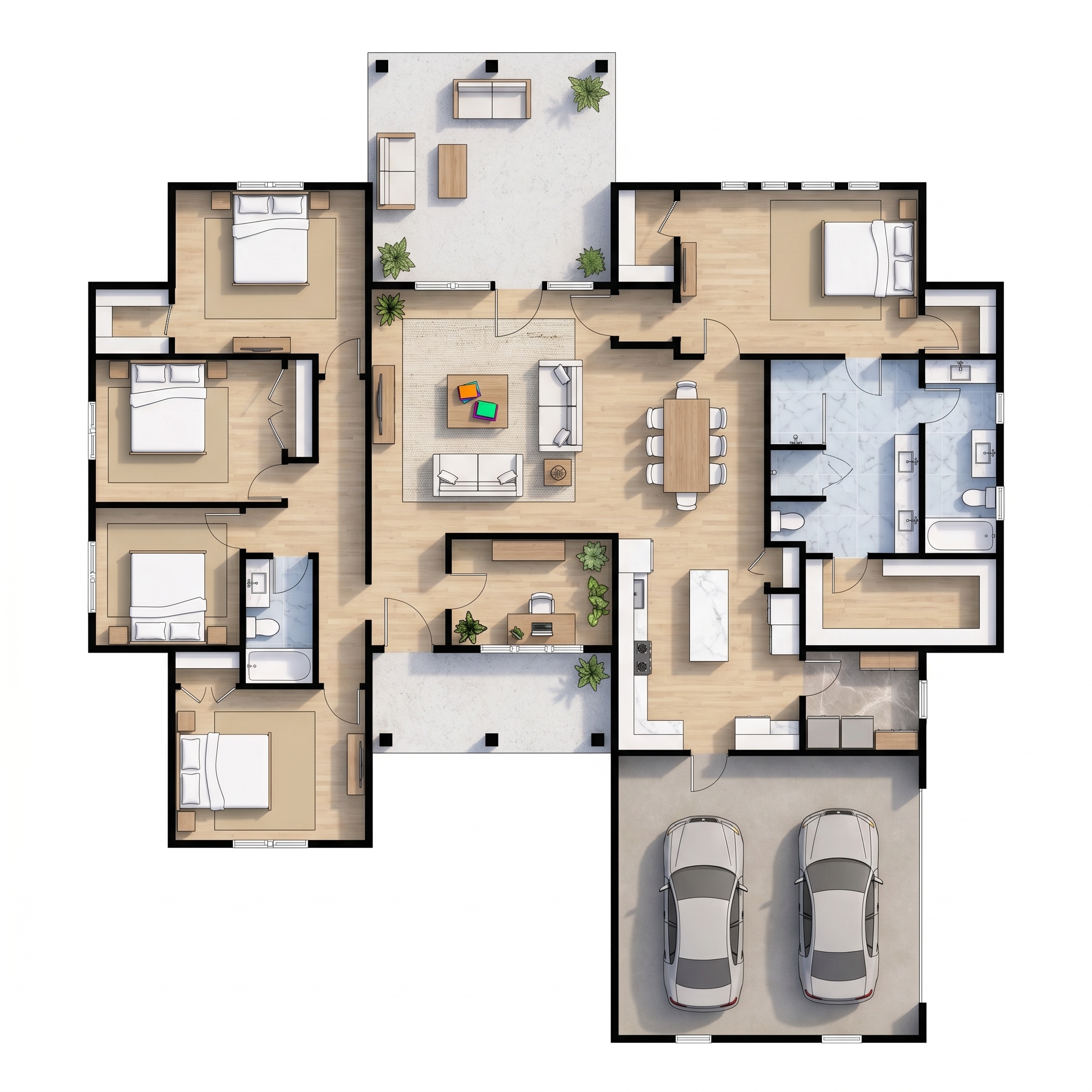 6 bedroom bright floor plan showing 2 bathrooms - 3,519 sq ft