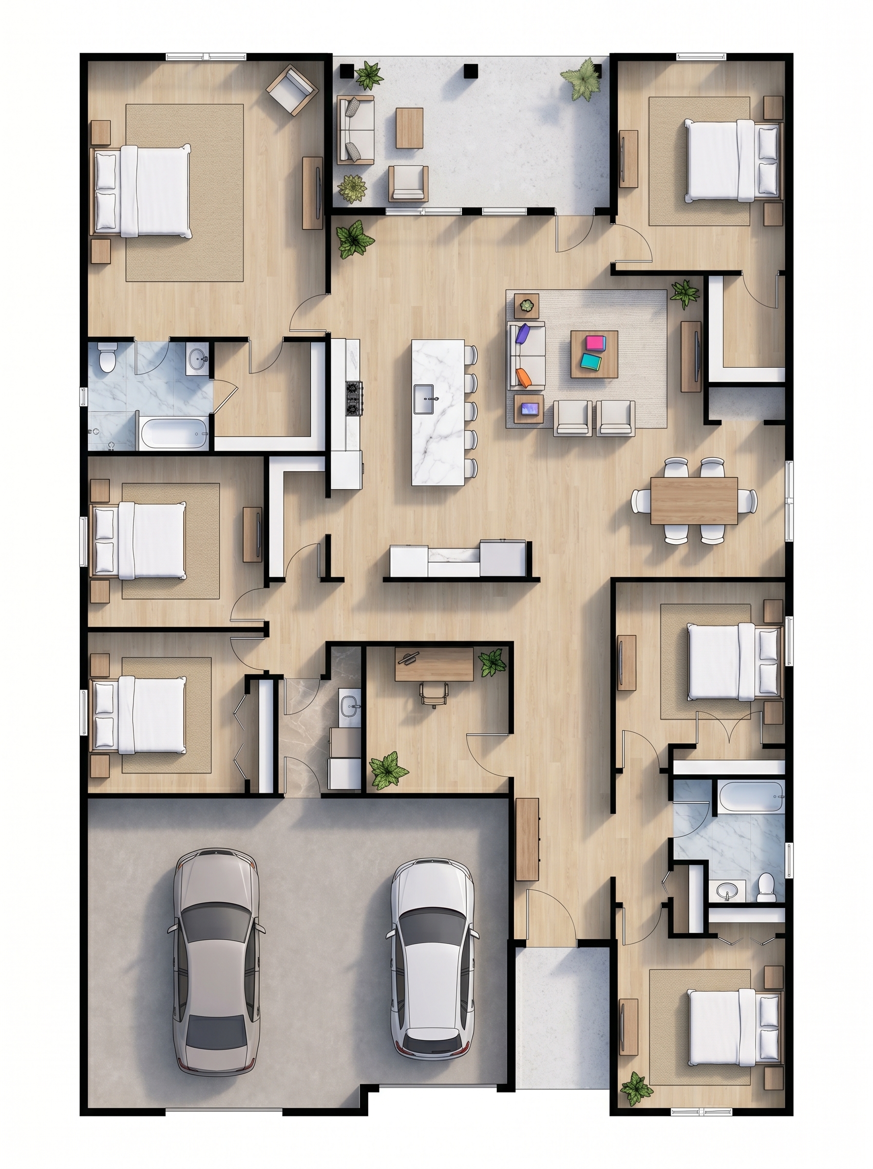 6 bedroom bright floor plan showing 2 bathrooms - 3,634 sq ft