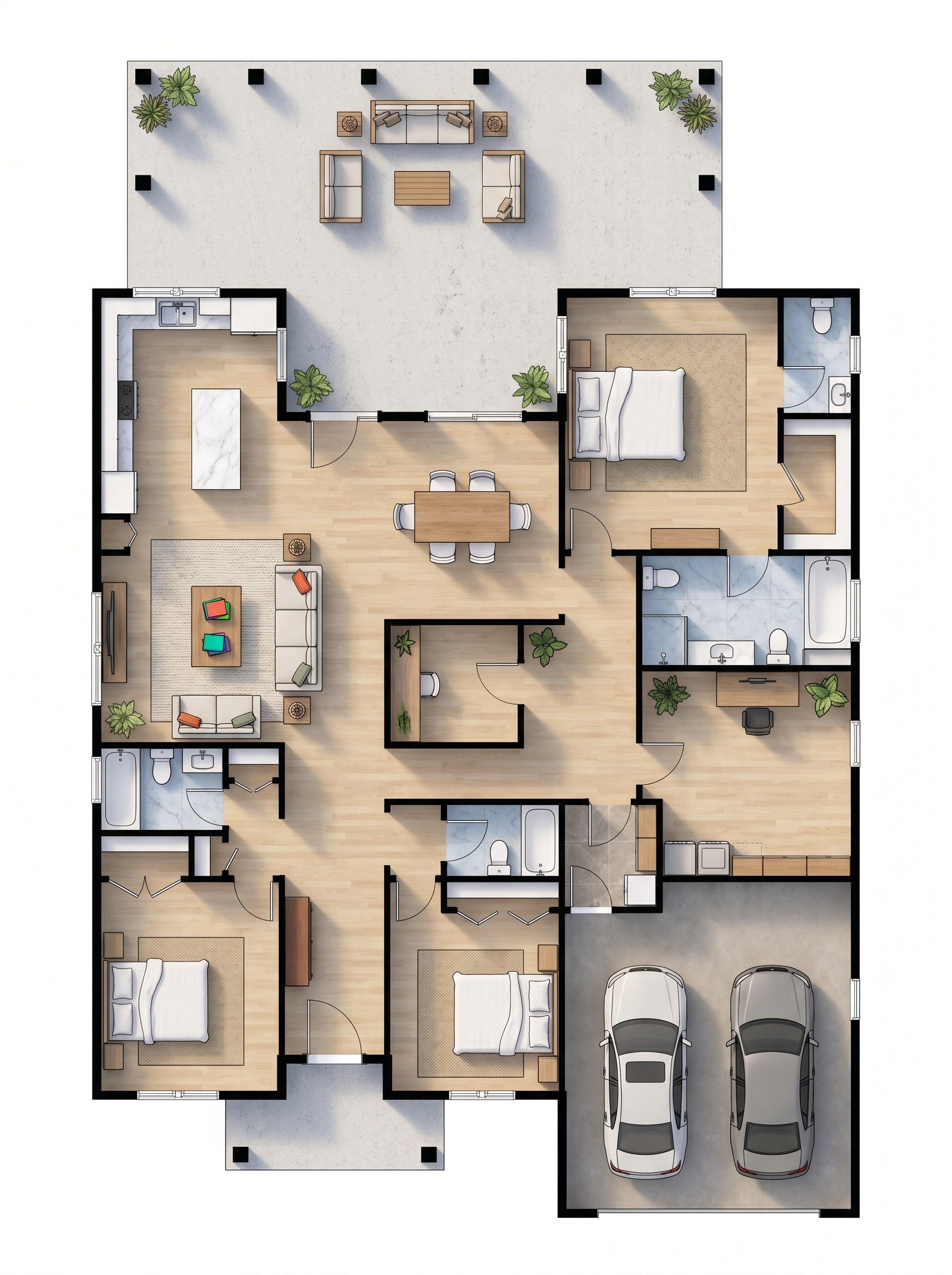 3 bedroom bright floor plan showing 4 bathrooms - 3,348 sq ft