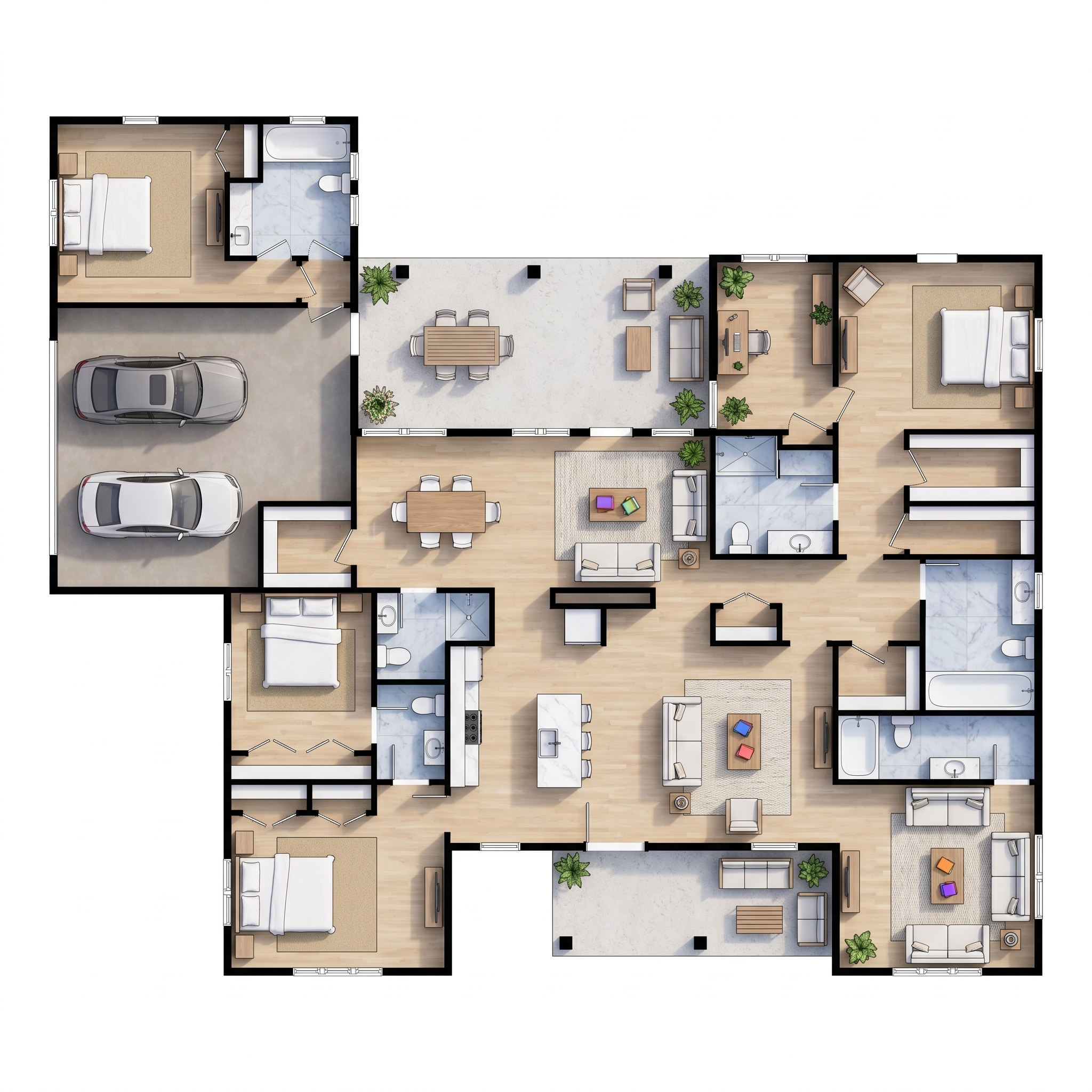 4 bedroom bright floor plan showing 6 bathrooms - 3,618 sq ft