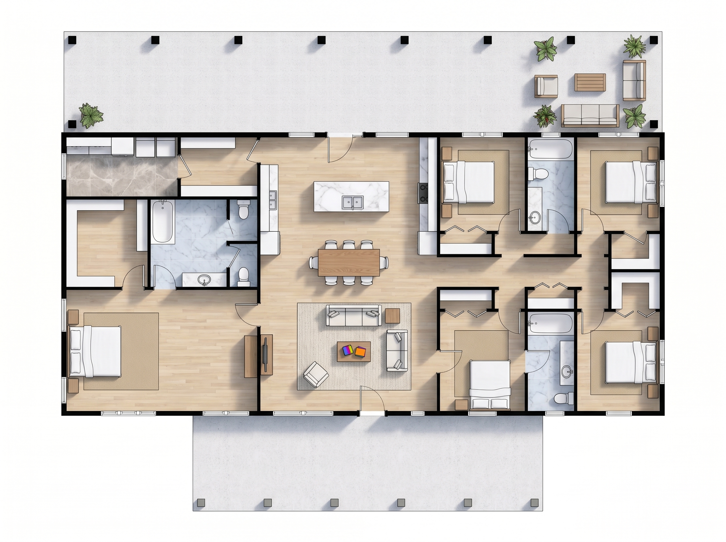 5 bedroom bright floor plan showing 3 bathrooms - 3,870 sq ft