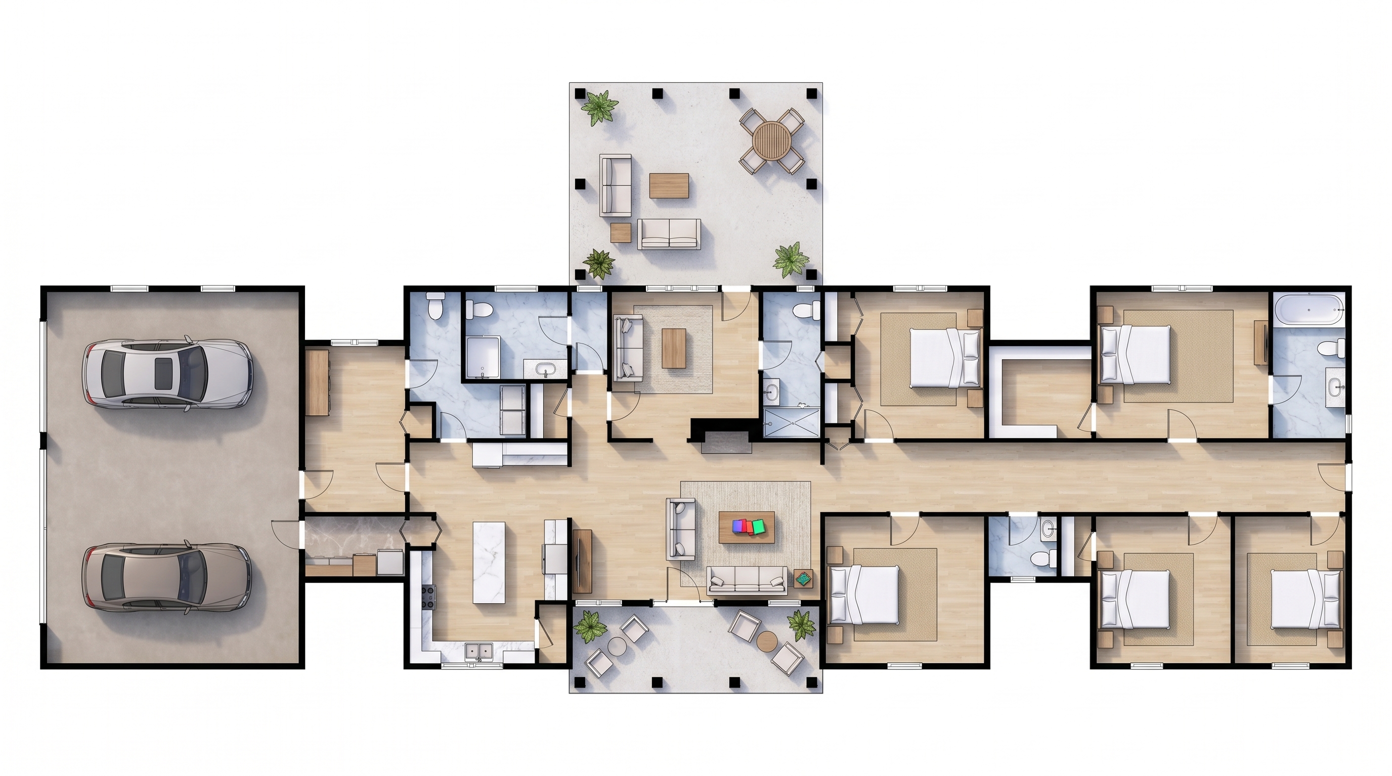 7 bedroom earthy floor plan showing 5 bathrooms - 4,440 sq ft