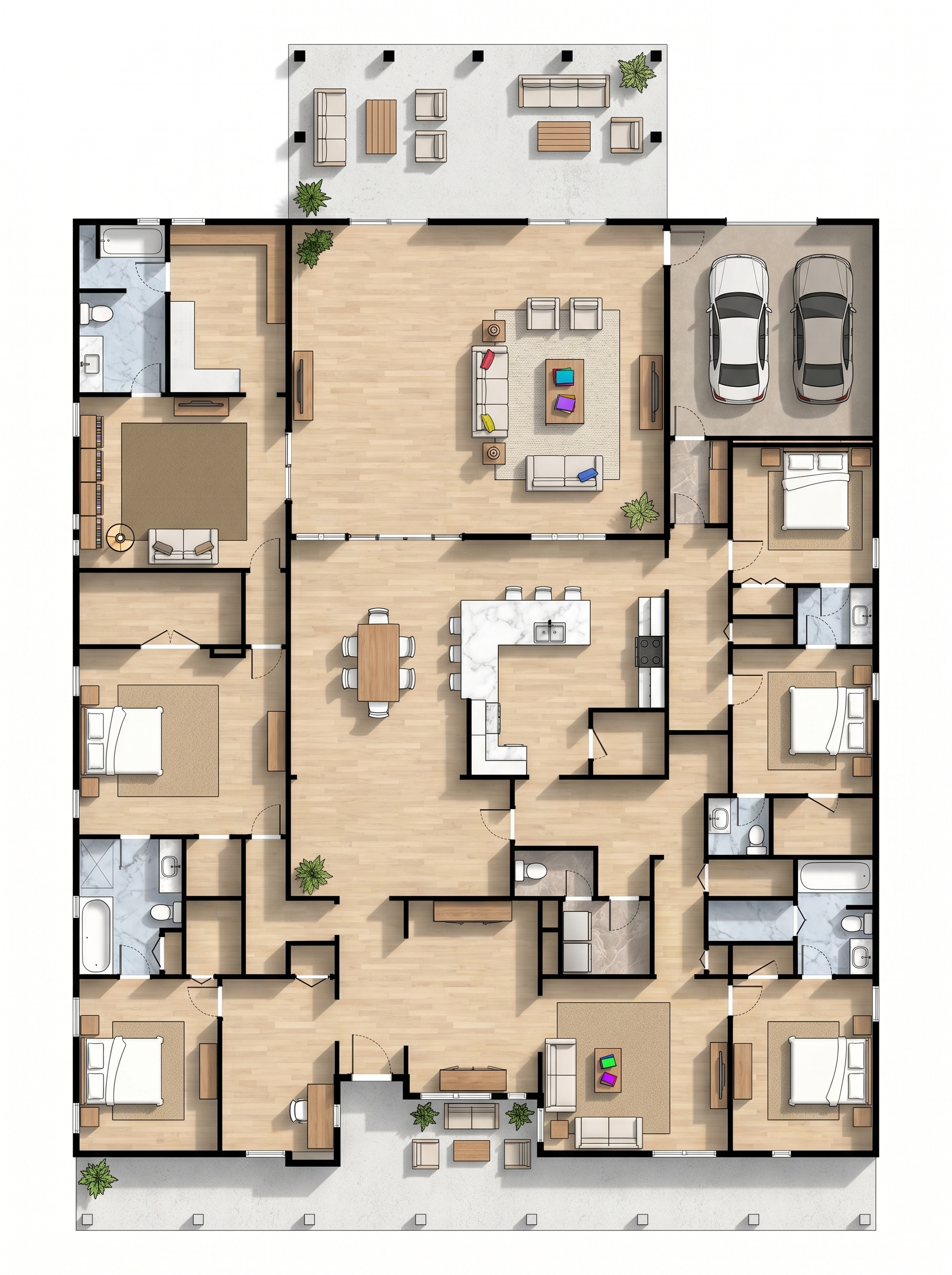 5 bedroom bright floor plan showing 6 bathrooms - 6,983 sq ft