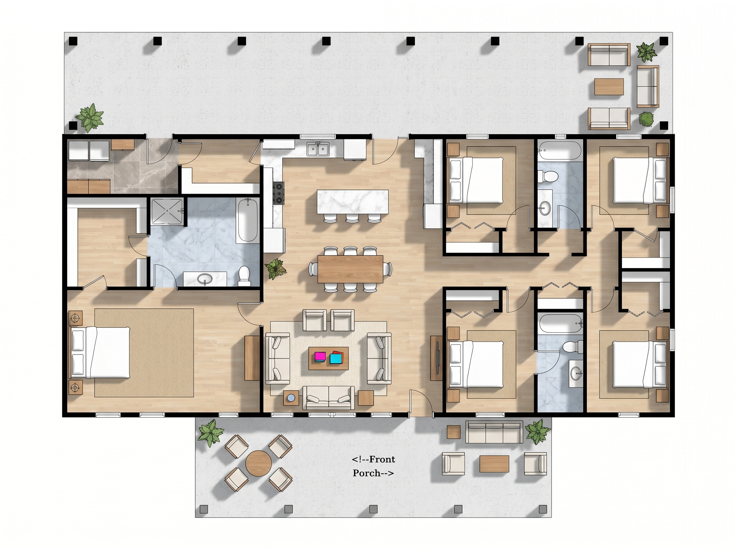 5 bedroom bright floor plan showing 3 bathrooms - 3,777 sq ft
