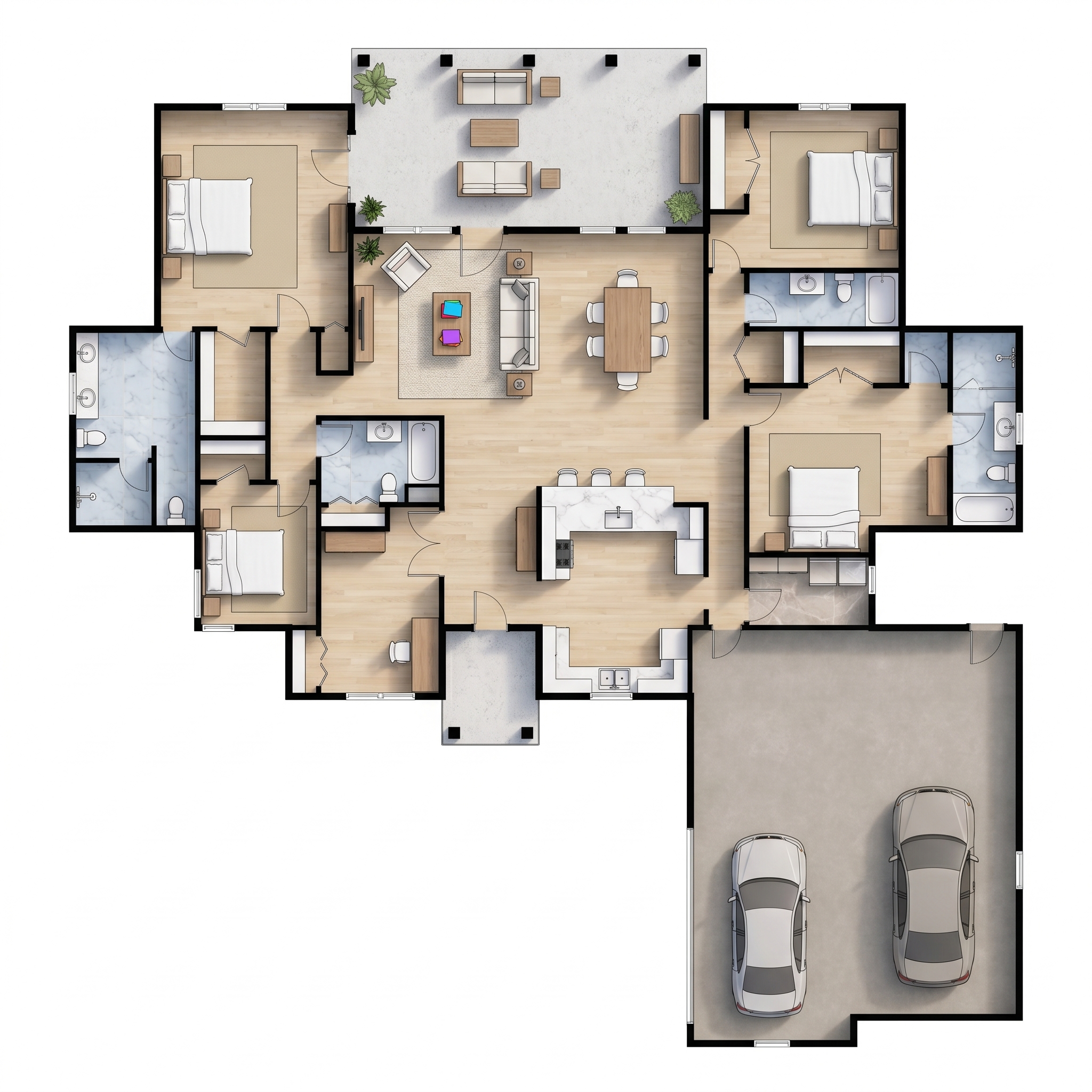 4 bedroom bright floor plan showing 5 bathrooms - 4,137 sq ft