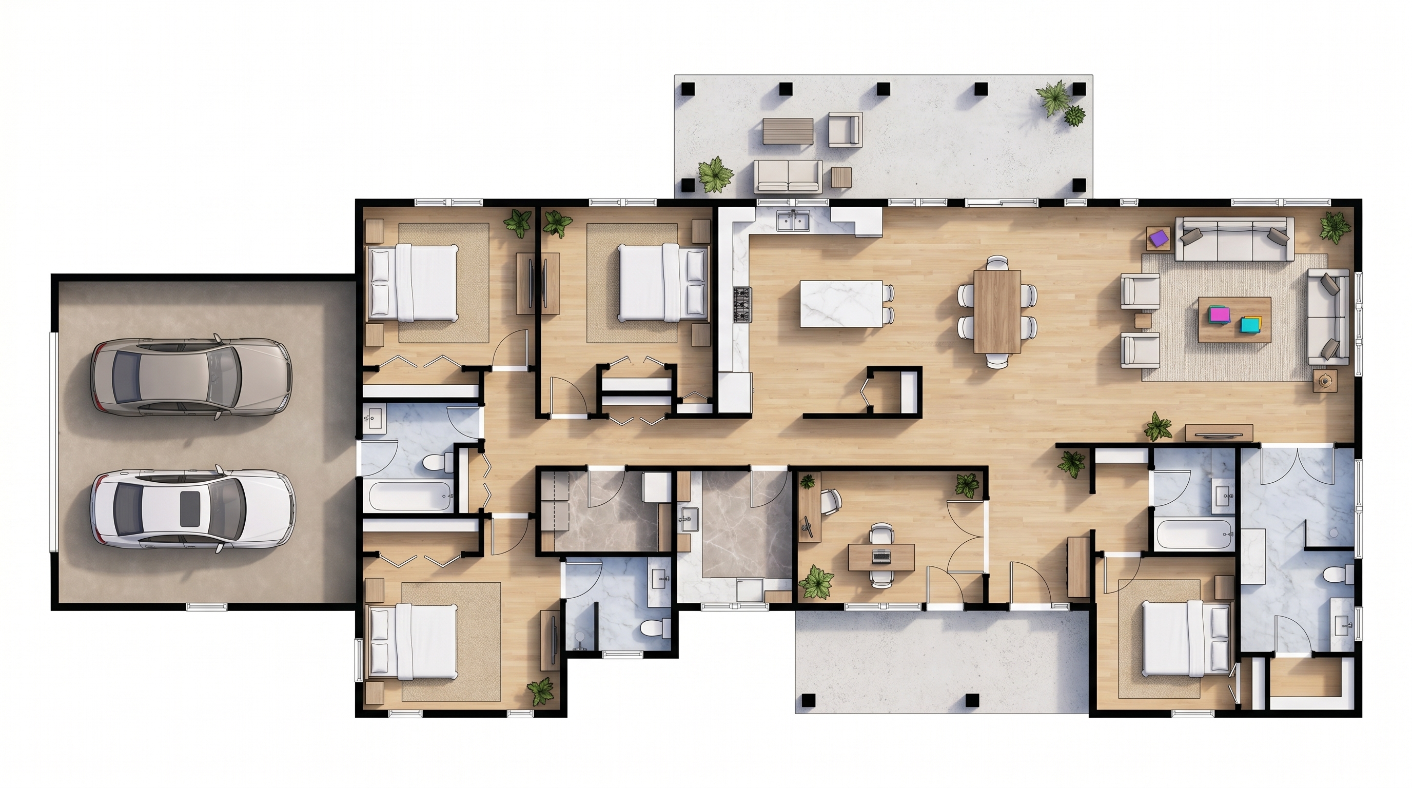4 bedroom bright floor plan showing 4 bathrooms - 3,410 sq ft