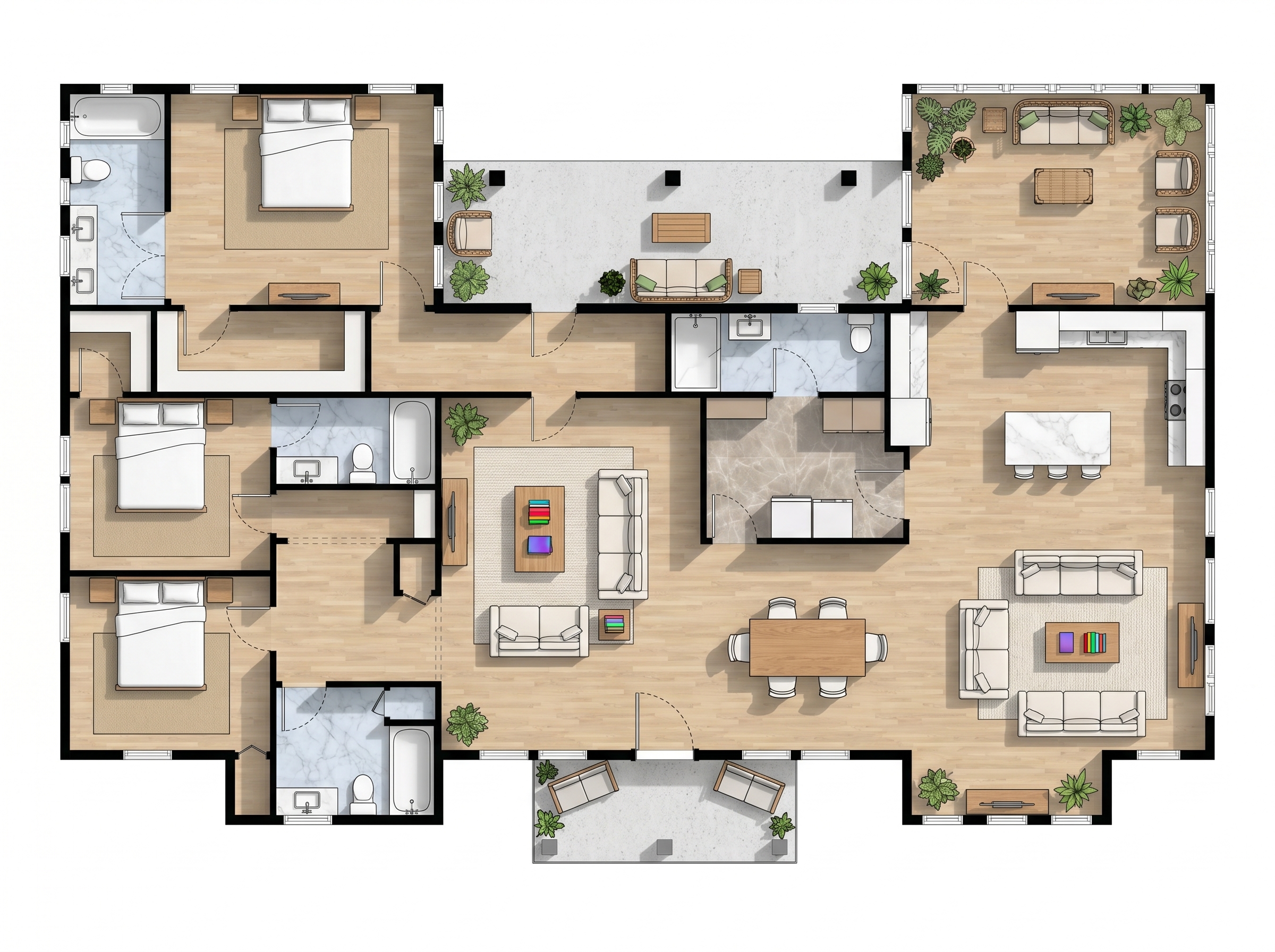 3 bedroom bright floor plan showing 4 bathrooms - 2,969 sq ft