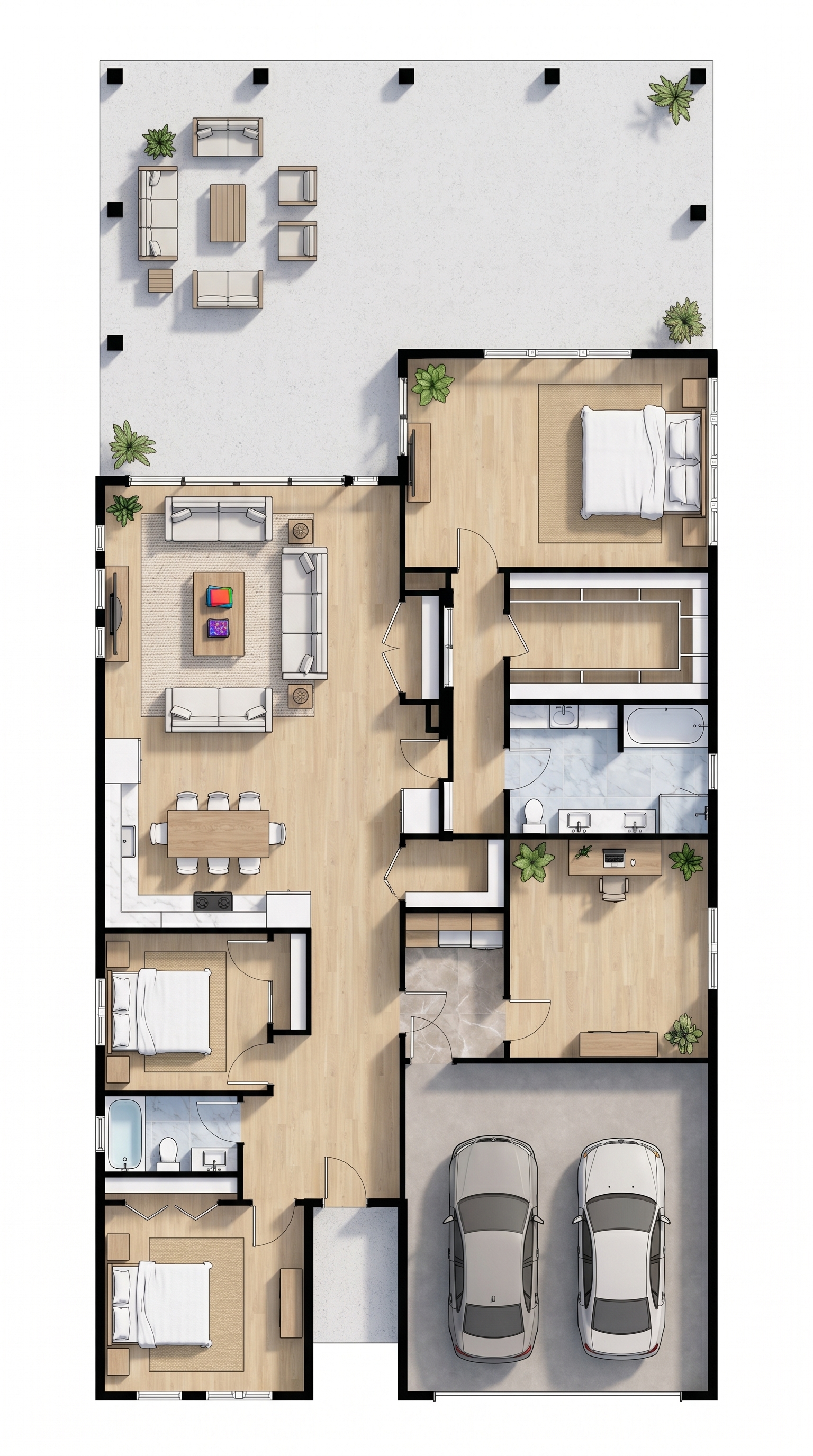 3 bedroom earthy floor plan showing 2 bathrooms - 3,493 sq ft