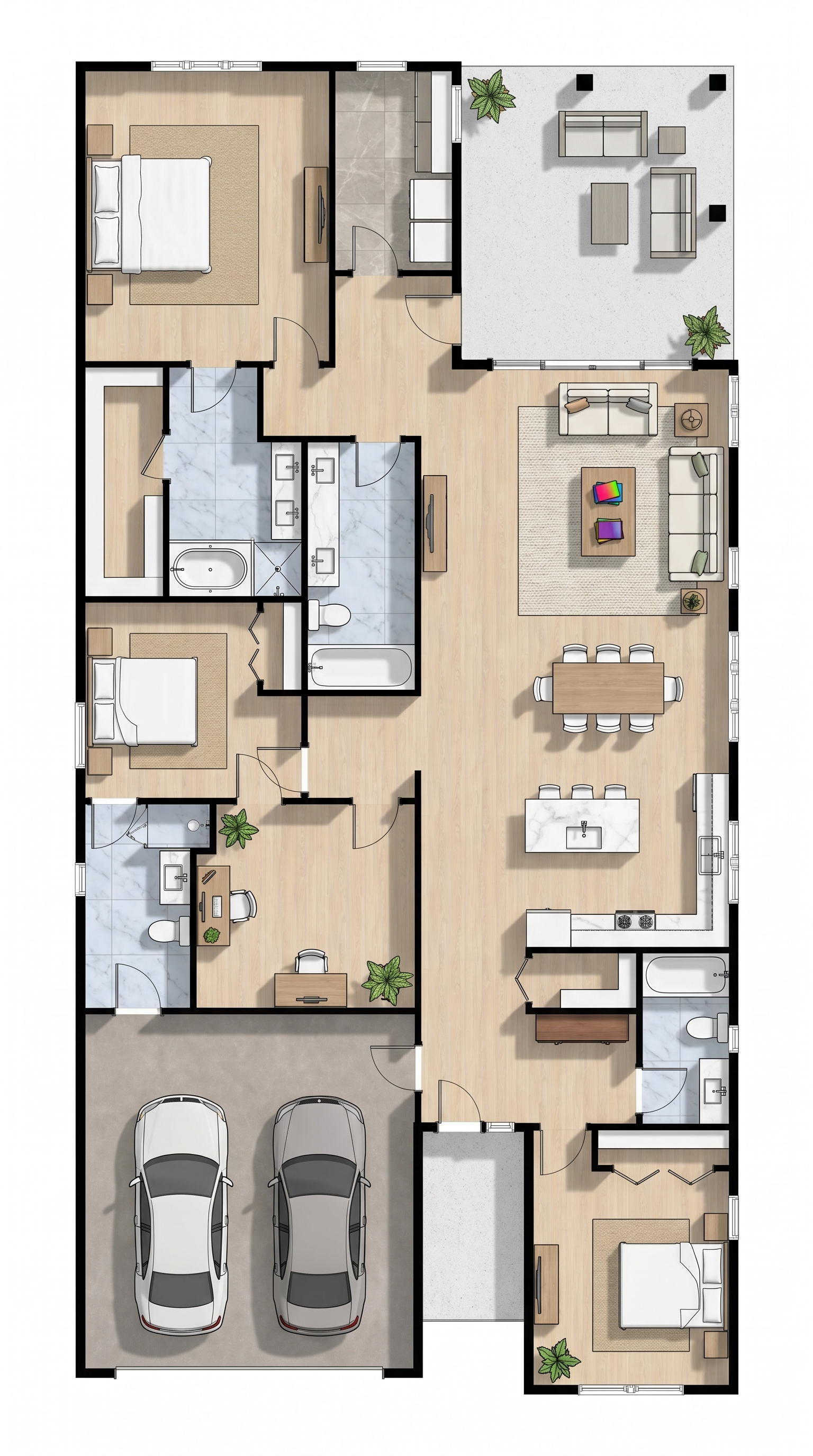 3 bedroom bright floor plan showing 4 bathrooms - 3,092 sq ft