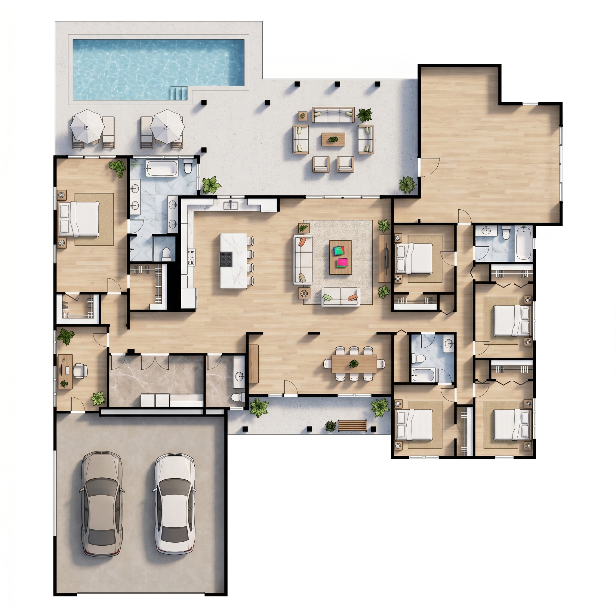 5 bedroom dark floor plan showing 3 bathrooms - 7,655 sq ft
