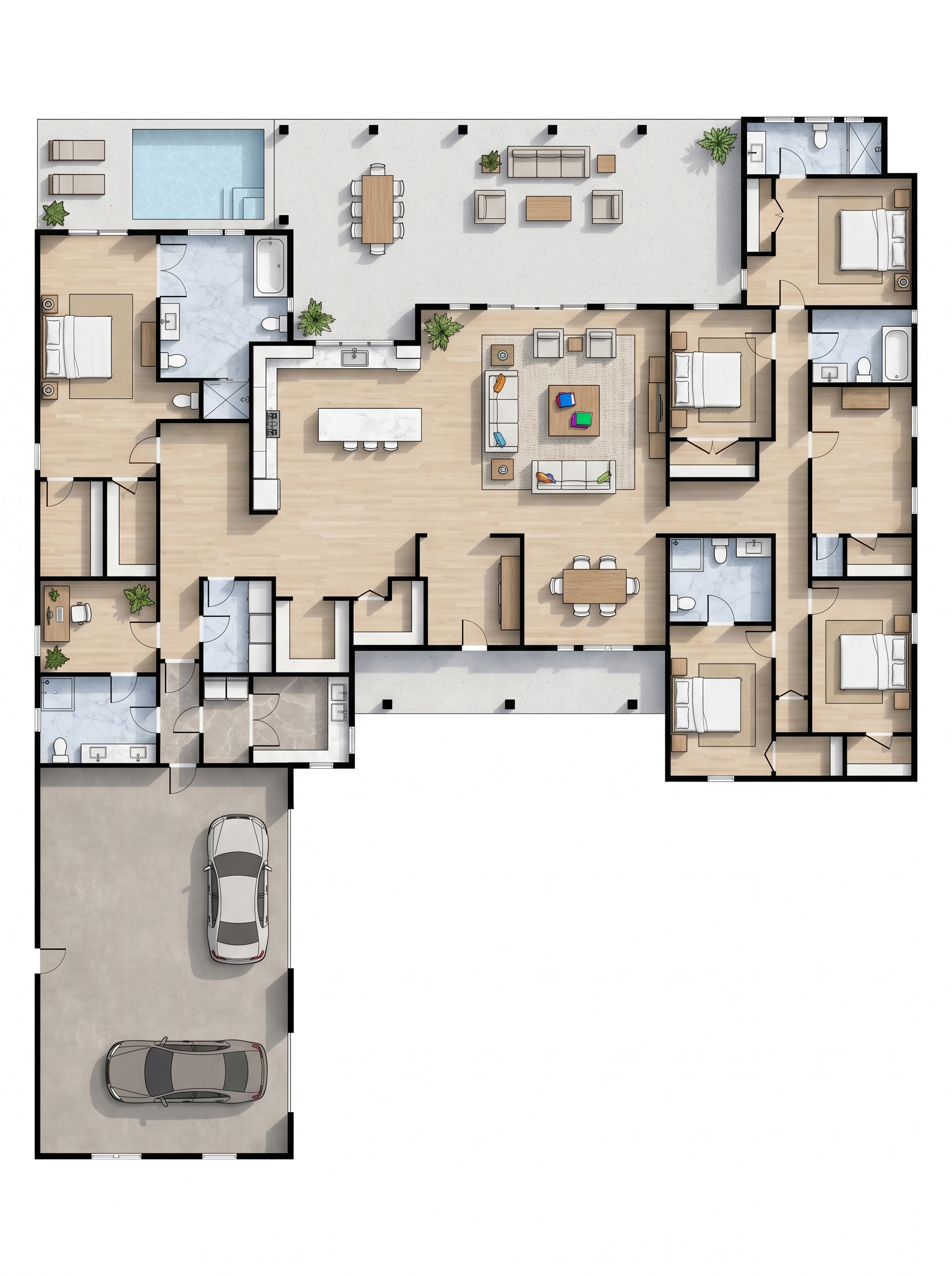 7 bedroom bright floor plan showing 6 bathrooms - 6,596 sq ft