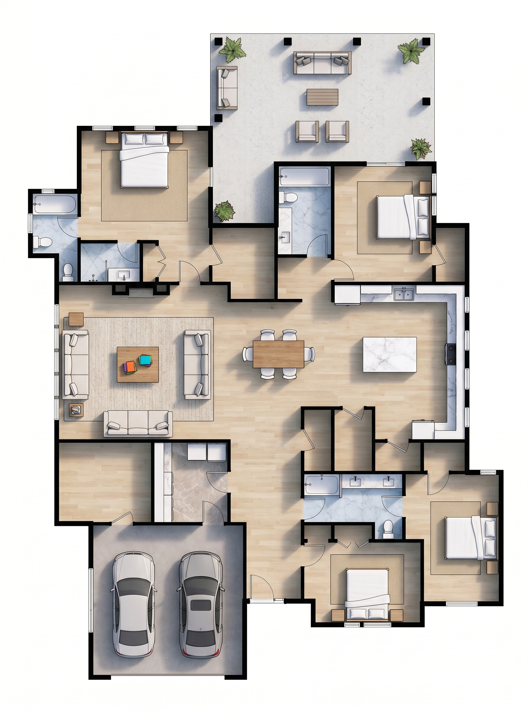 4 bedroom dark floor plan showing 2 bathrooms - 3,675 sq ft