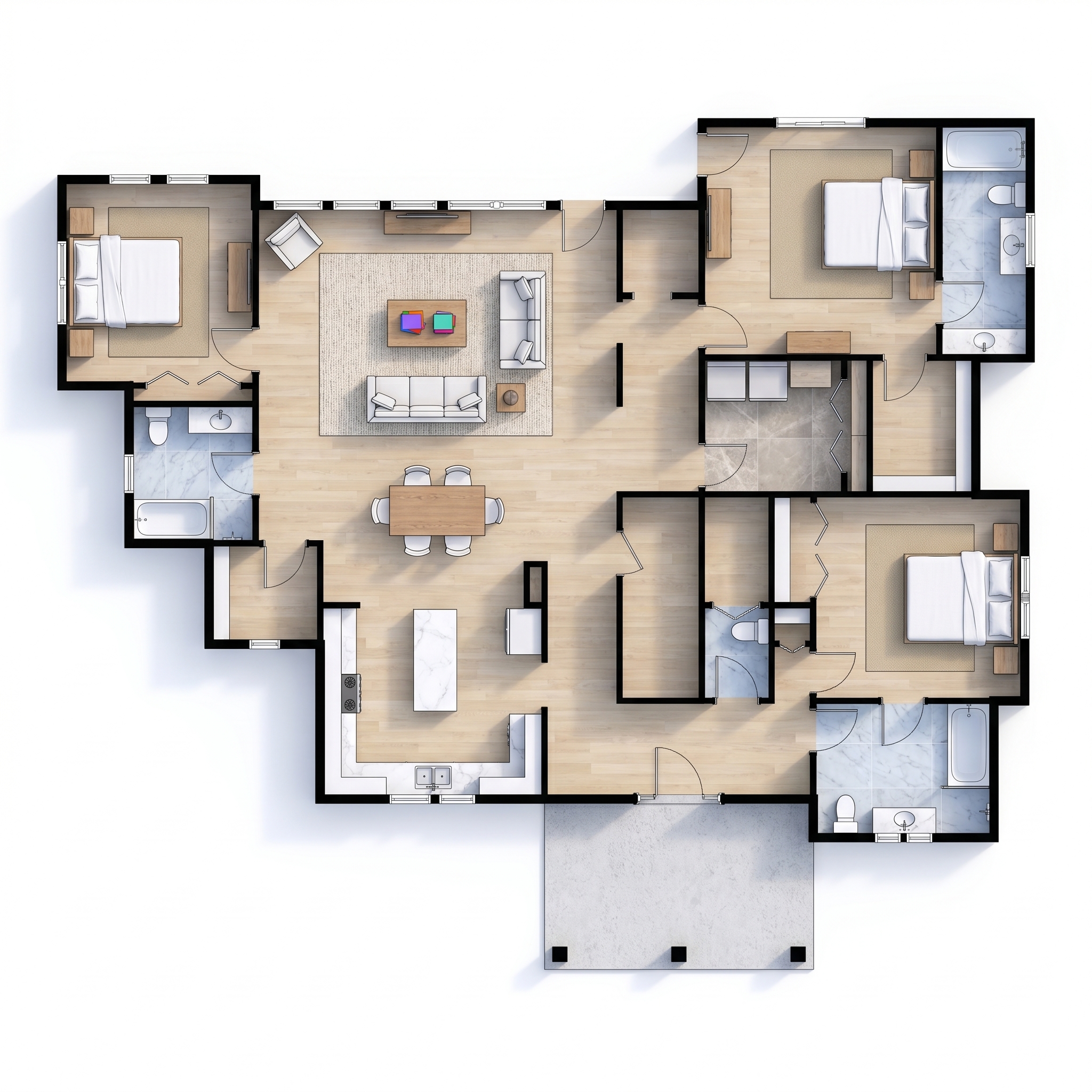 3 bedroom bright floor plan showing 4 bathrooms - 2,427 sq ft