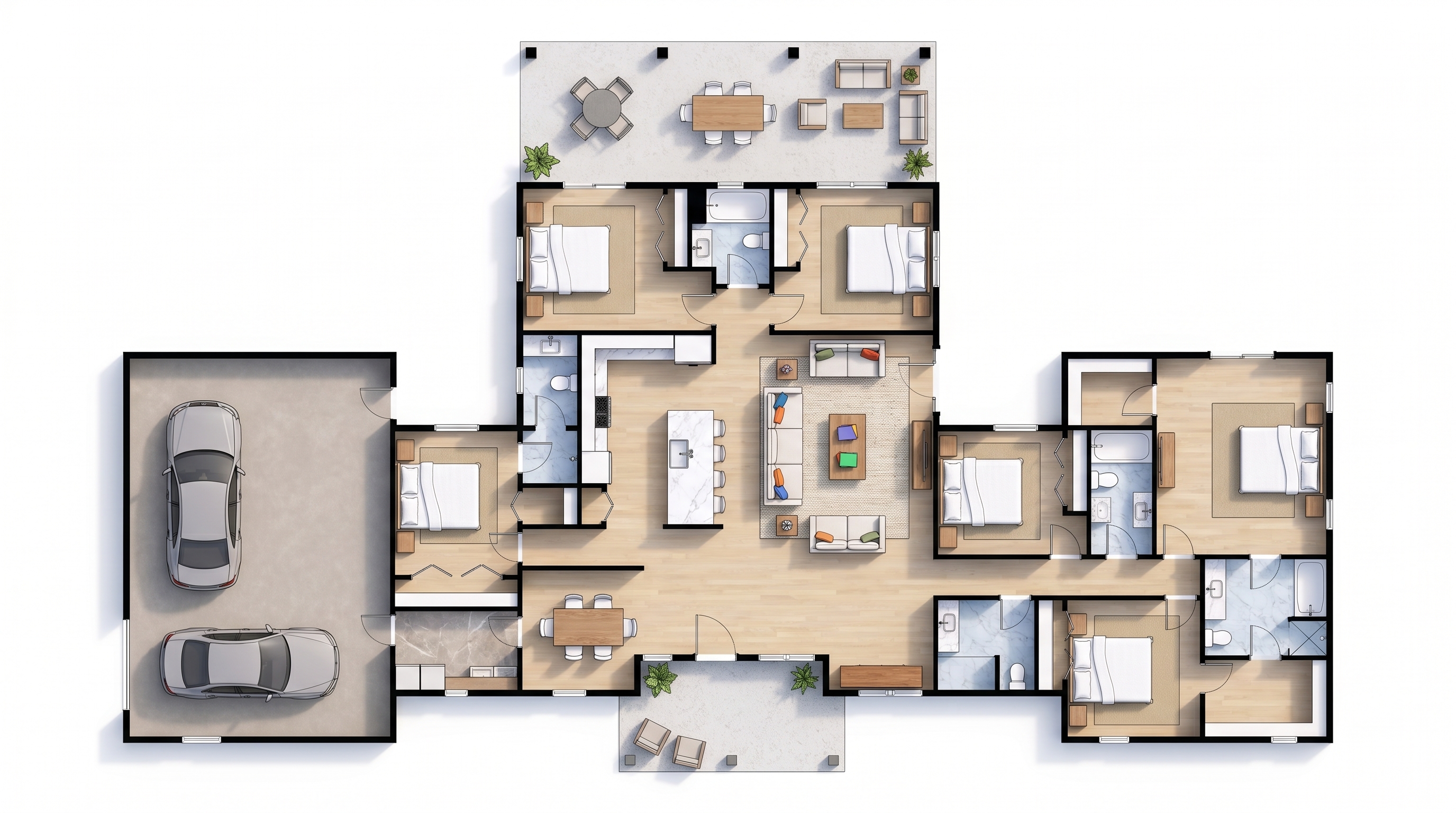 6 bedroom bright floor plan showing 5 bathrooms - 4,474 sq ft