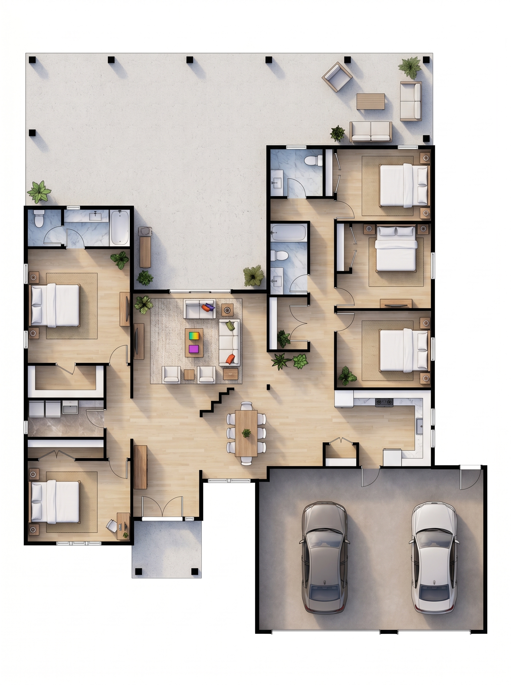 5 bedroom bright floor plan showing 3 bathrooms - 4,941 sq ft