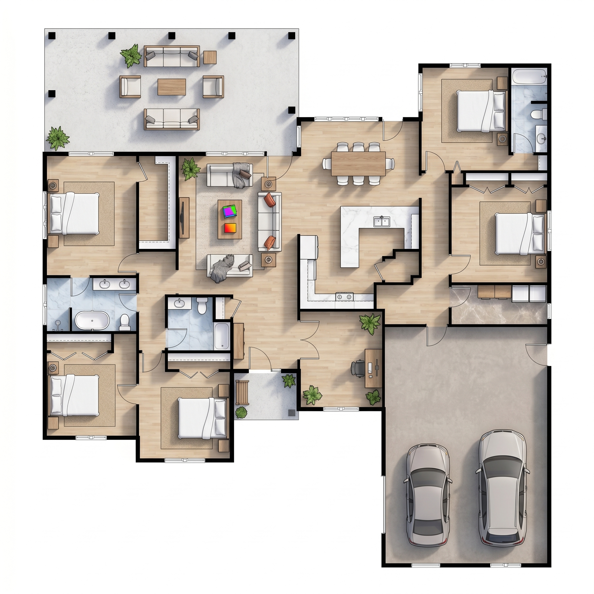 5 bedroom bright floor plan showing 3 bathrooms - 4,106 sq ft