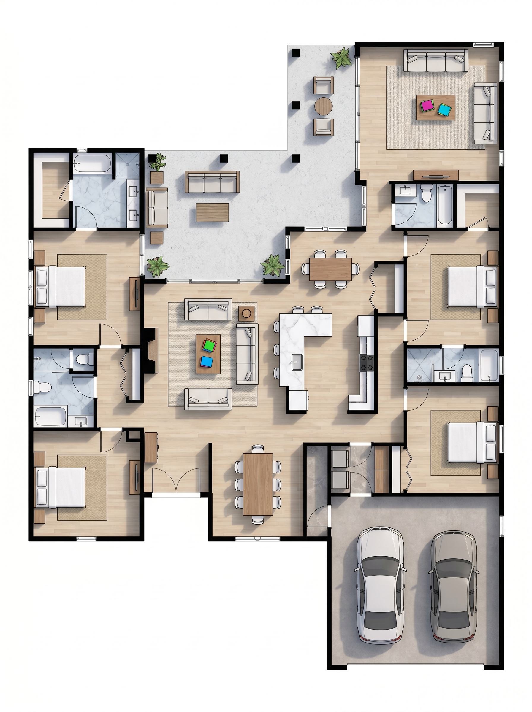 4 bedroom dark floor plan showing 4 bathrooms - 3,494 sq ft
