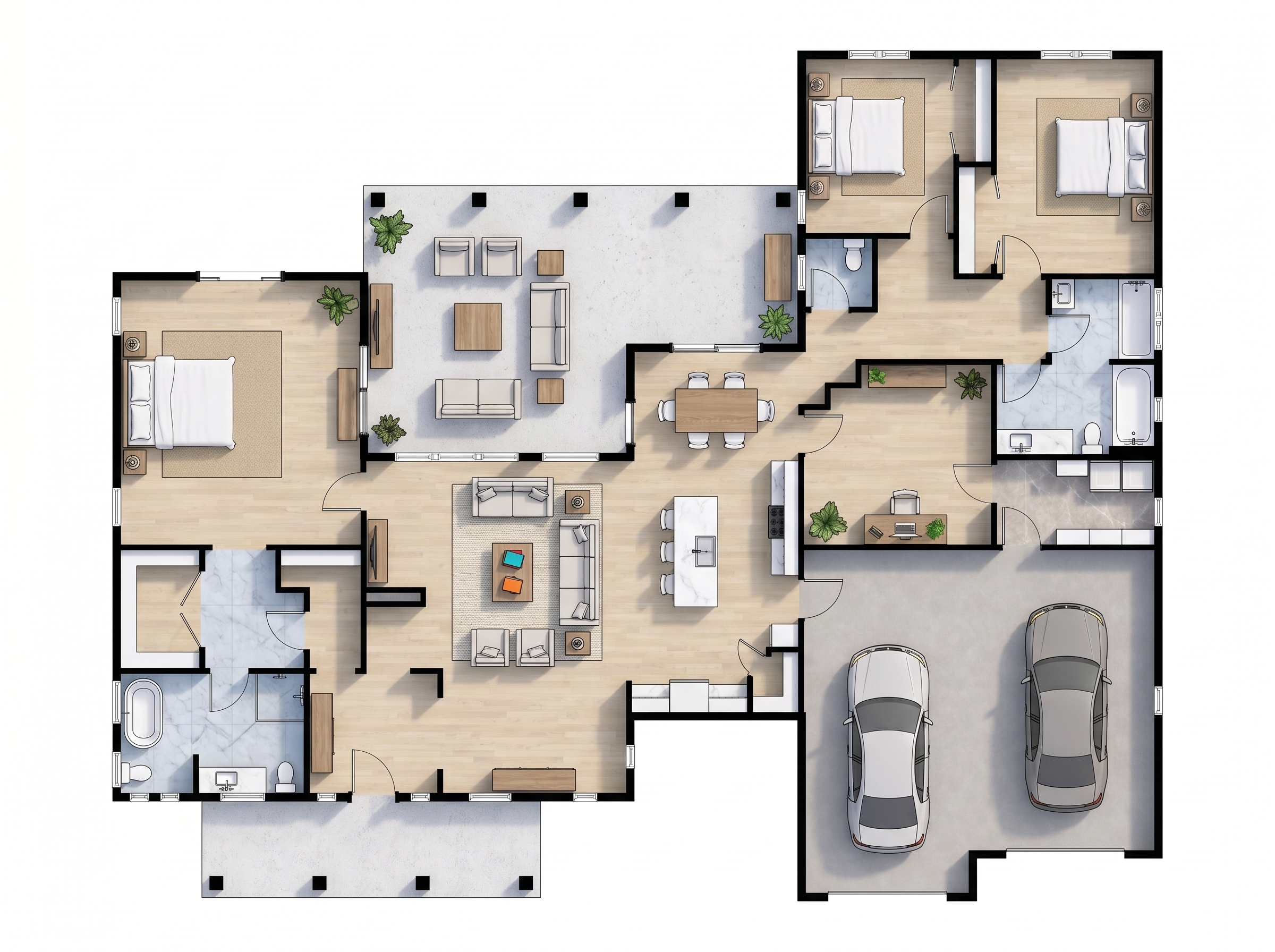3 bedroom earthy floor plan showing 4 bathrooms - 3,480 sq ft
