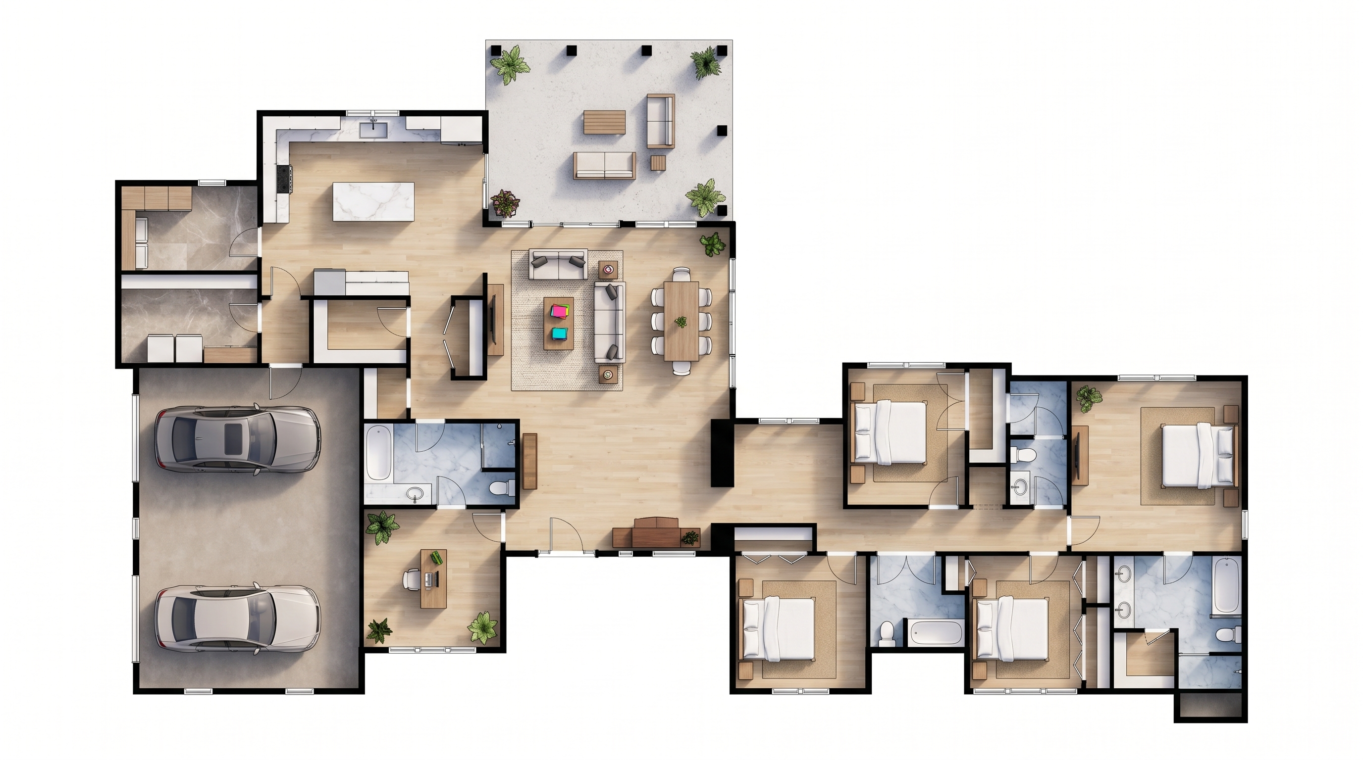 4 bedroom bright floor plan showing 4 bathrooms - 4,122 sq ft