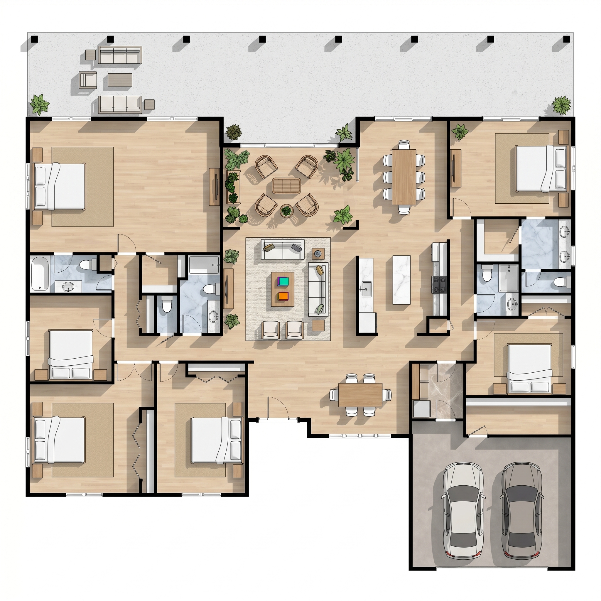 6 bedroom earthy floor plan showing 4 bathrooms - 5,297 sq ft