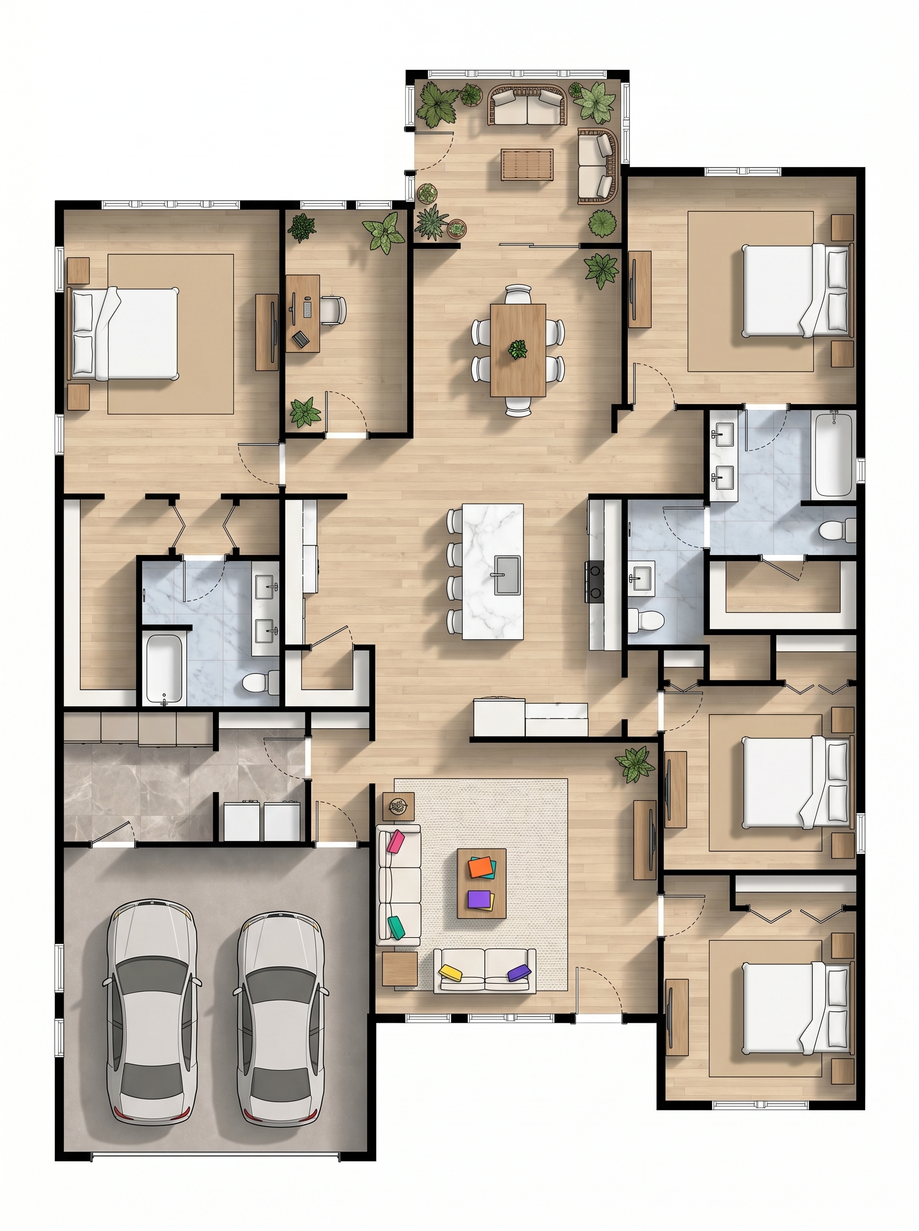 4 bedroom earthy floor plan showing 2 bathrooms - 3,174 sq ft