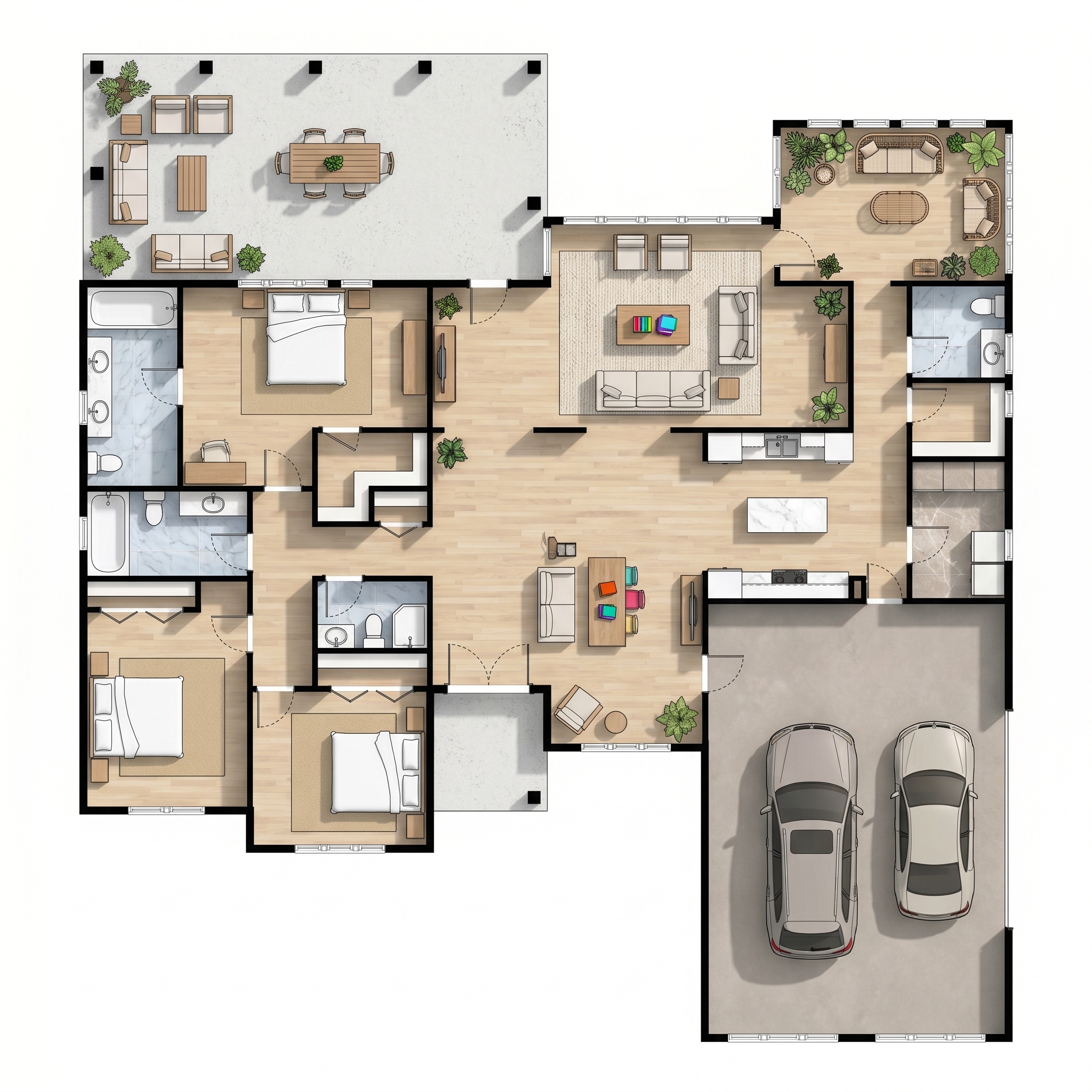 3 bedroom bright floor plan showing 5 bathrooms - 3,900 sq ft