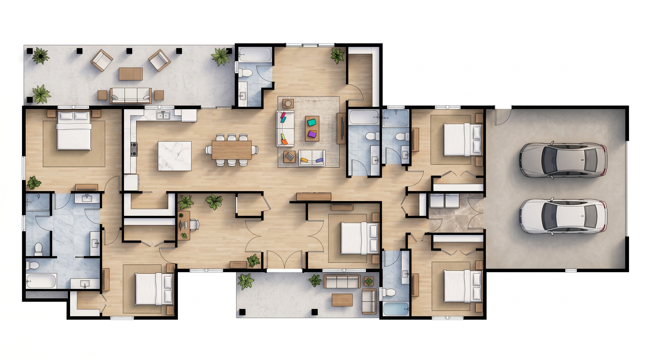 5 bedroom bright floor plan showing 5 bathrooms - 3,864 sq ft