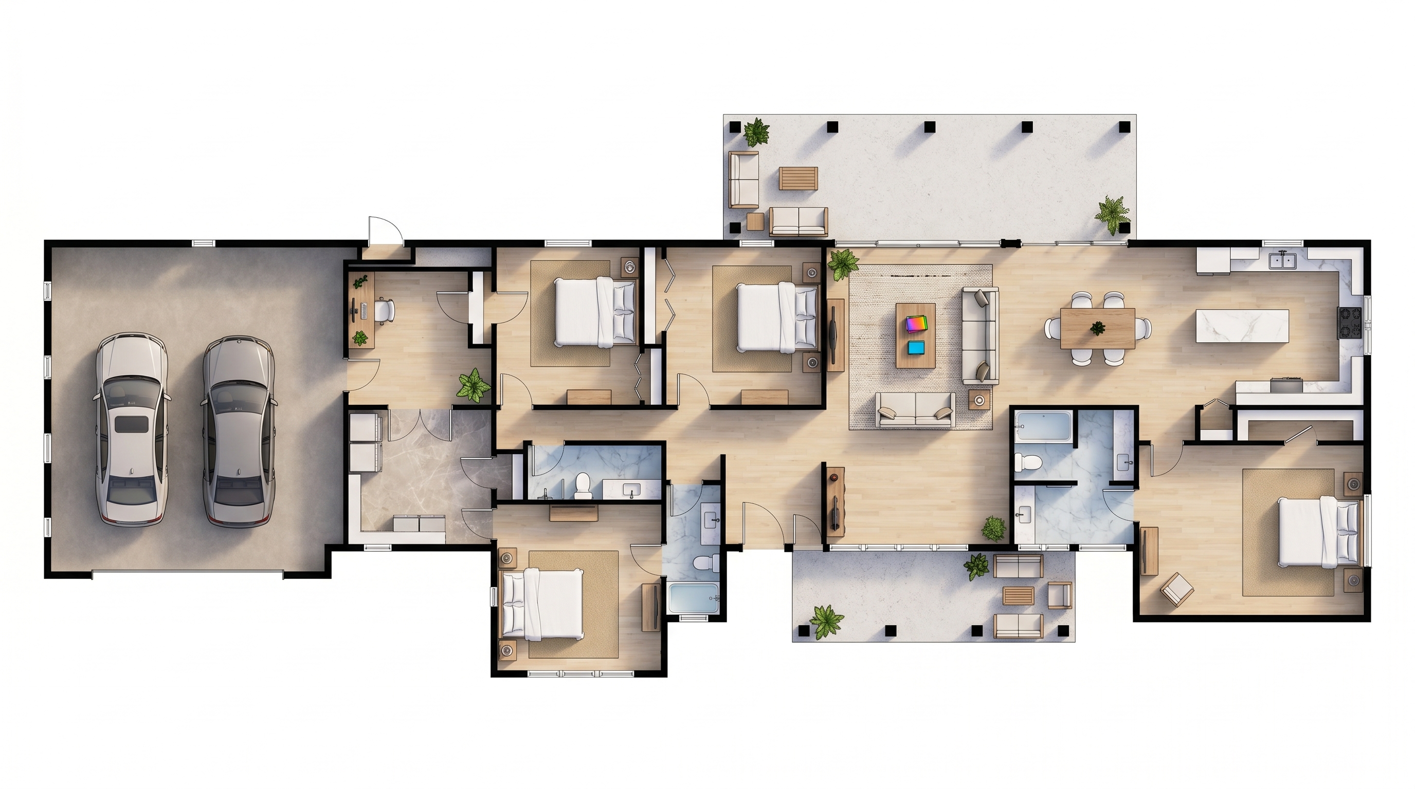 5 bedroom bright floor plan showing 2 bathrooms - 3,781 sq ft