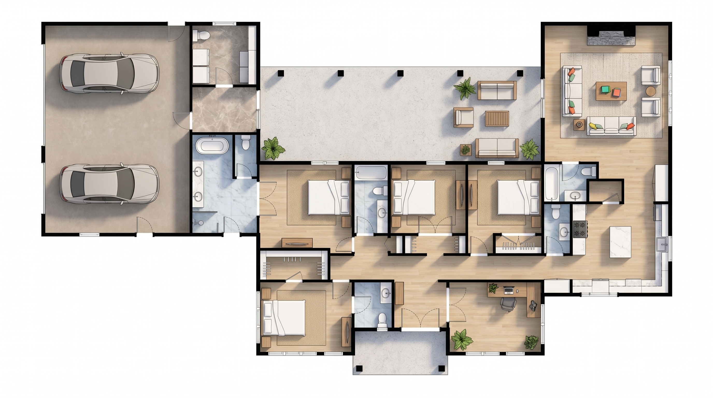 4 bedroom bright floor plan showing 4 bathrooms - 4,087 sq ft