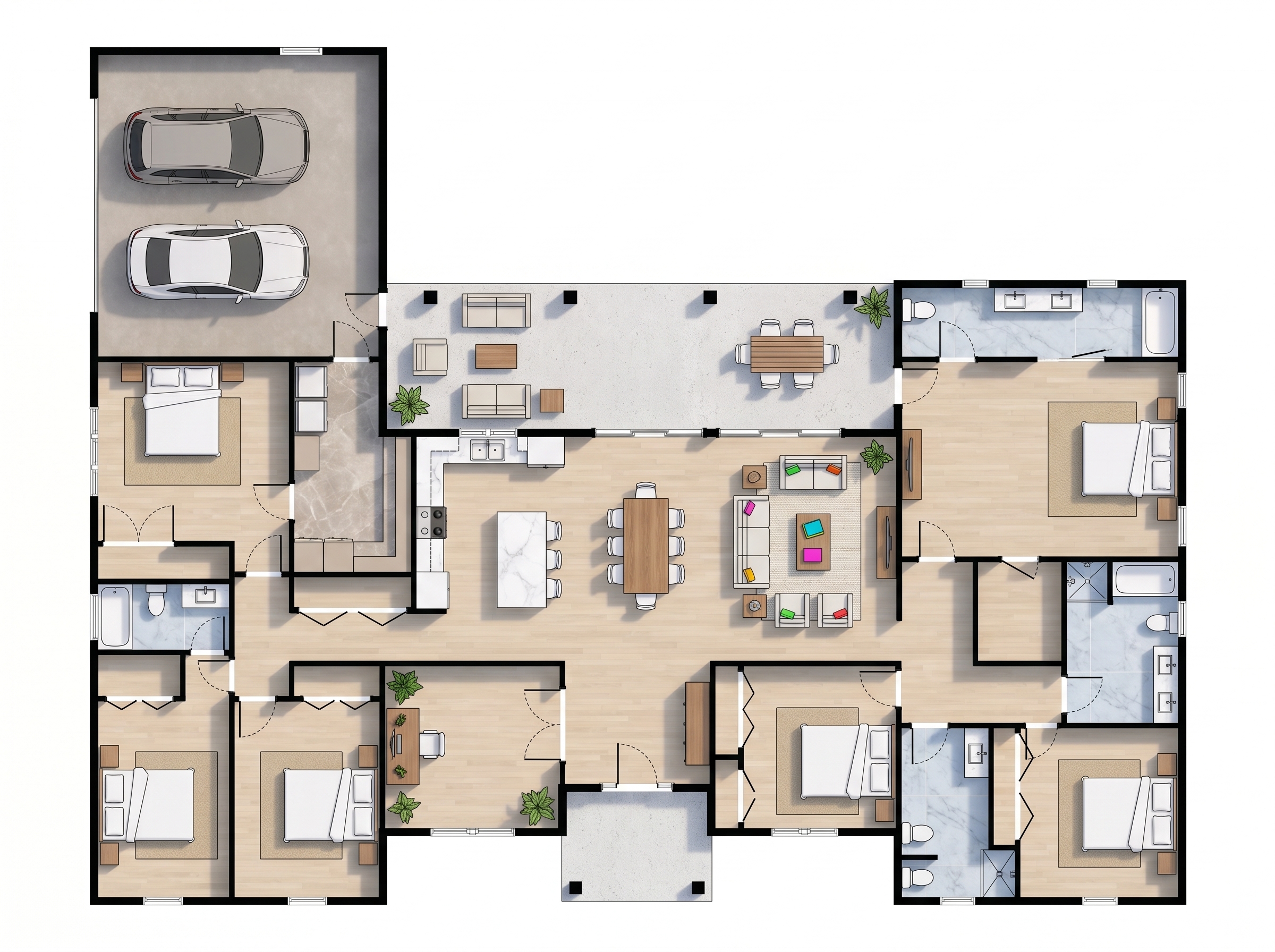 6 bedroom earthy floor plan showing 4 bathrooms - 4,021 sq ft
