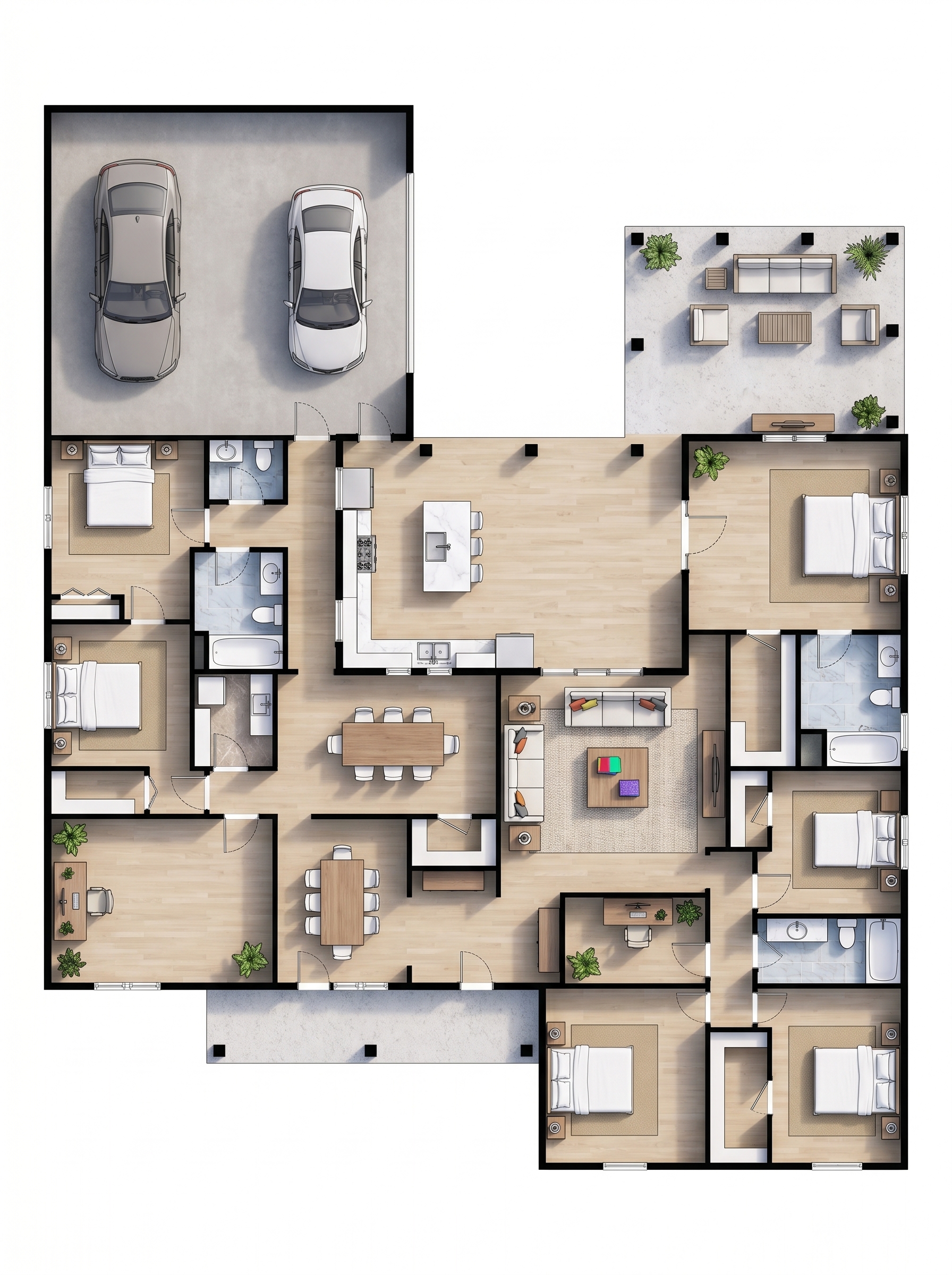 6 bedroom bright floor plan showing 4 bathrooms - 4,713 sq ft