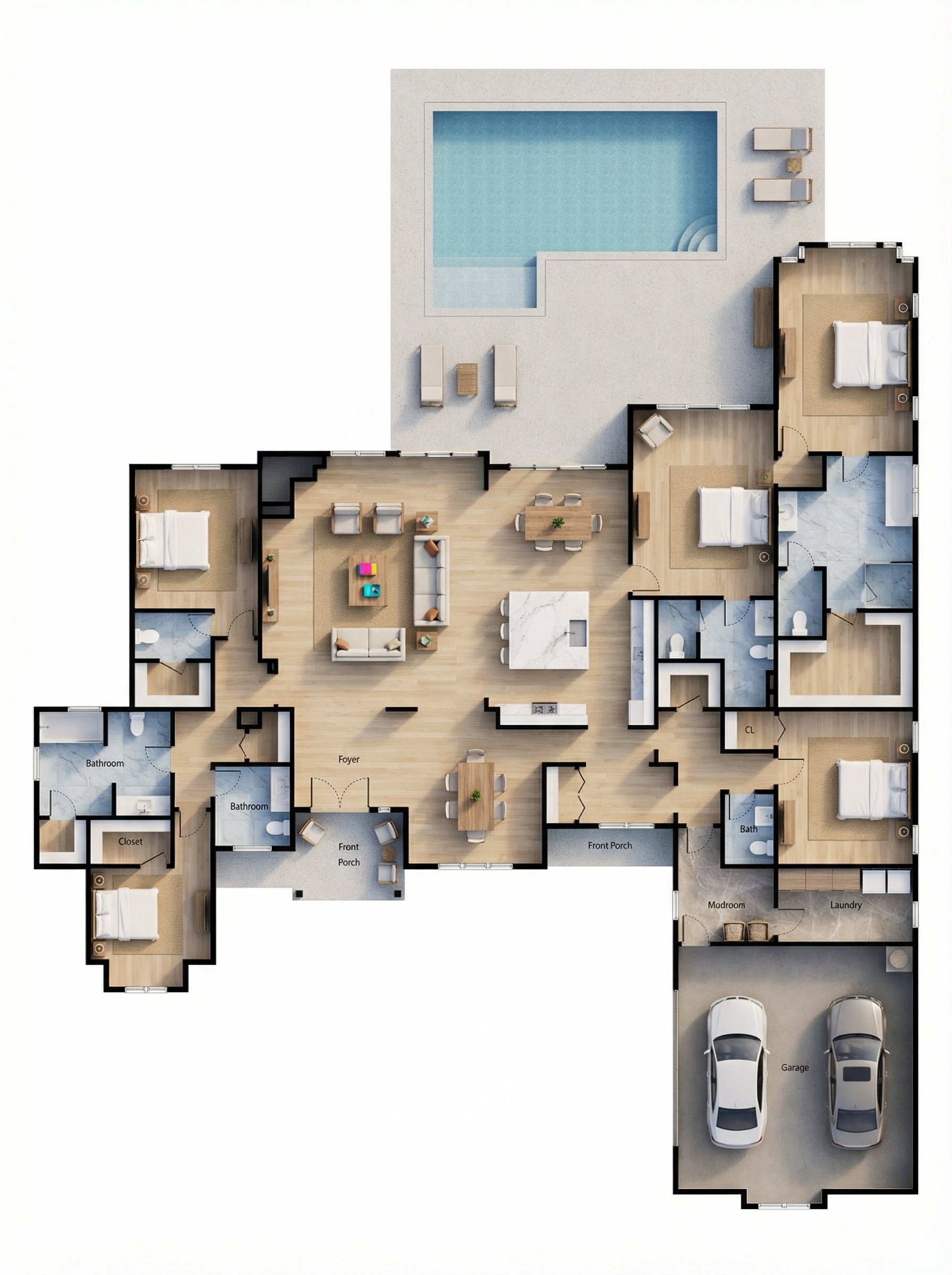 5 bedroom earthy floor plan showing 6 bathrooms - 7,184 sq ft