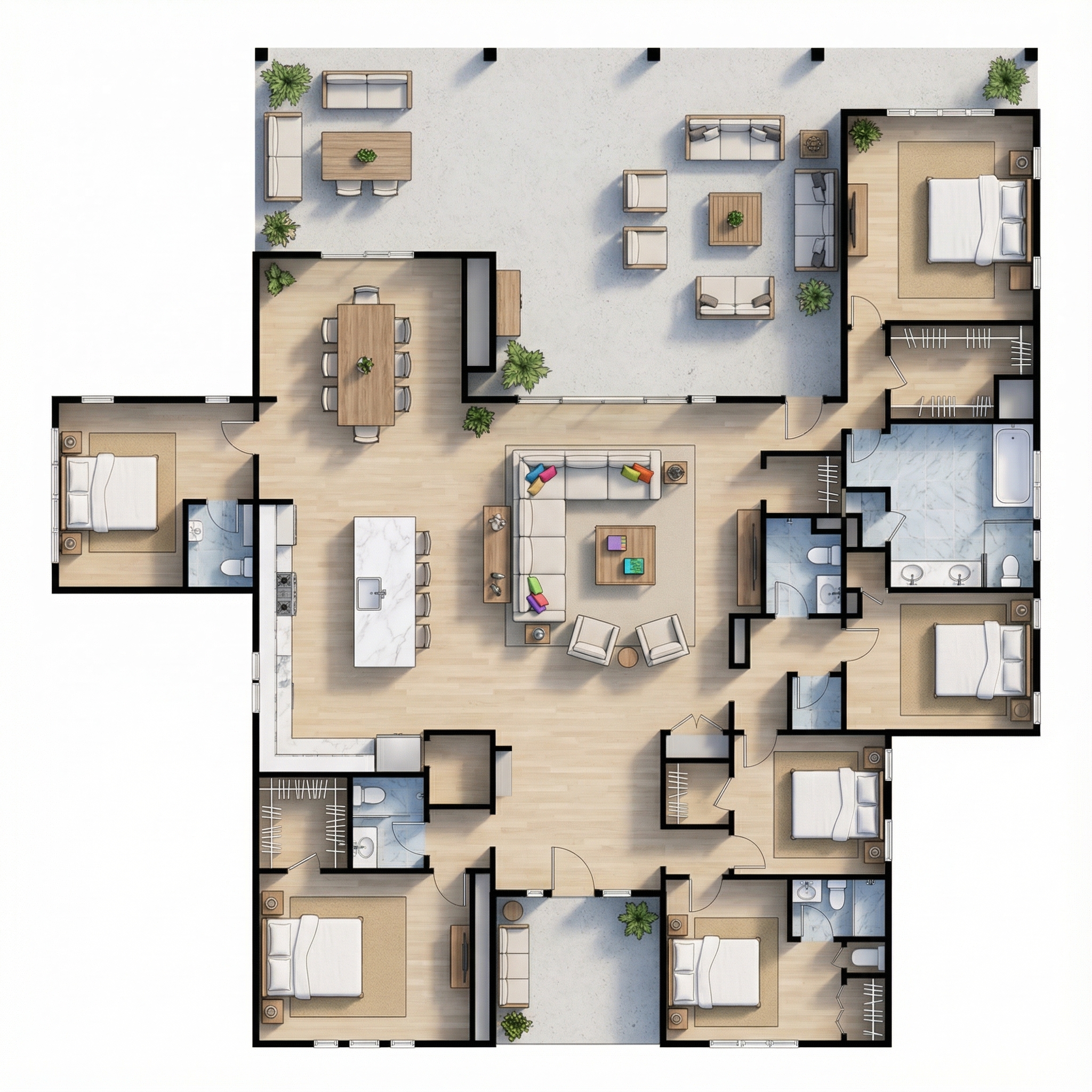 7 bedroom earthy floor plan showing 8 bathrooms - 6,150 sq ft