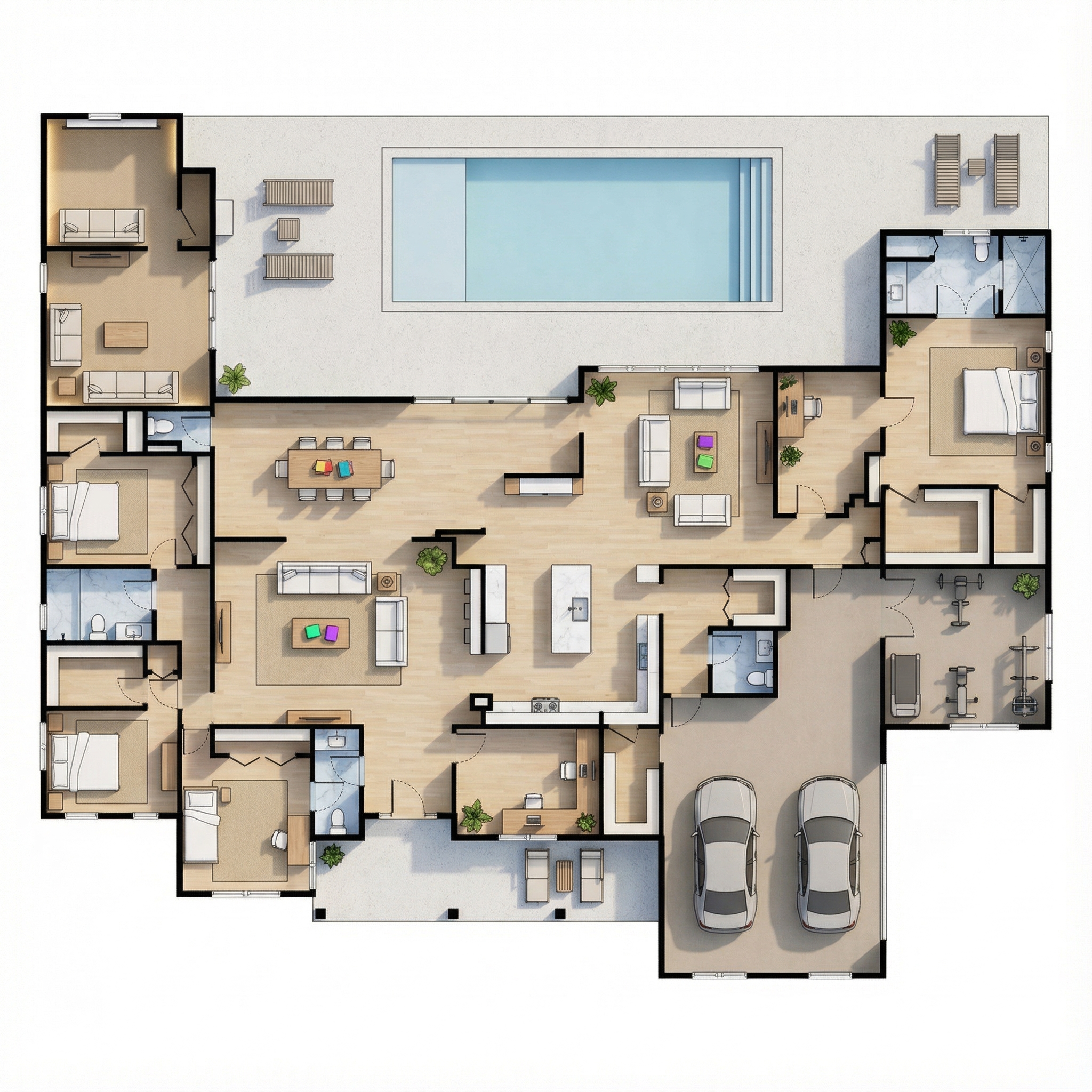 5 bedroom bright floor plan showing 5 bathrooms - 6,475 sq ft