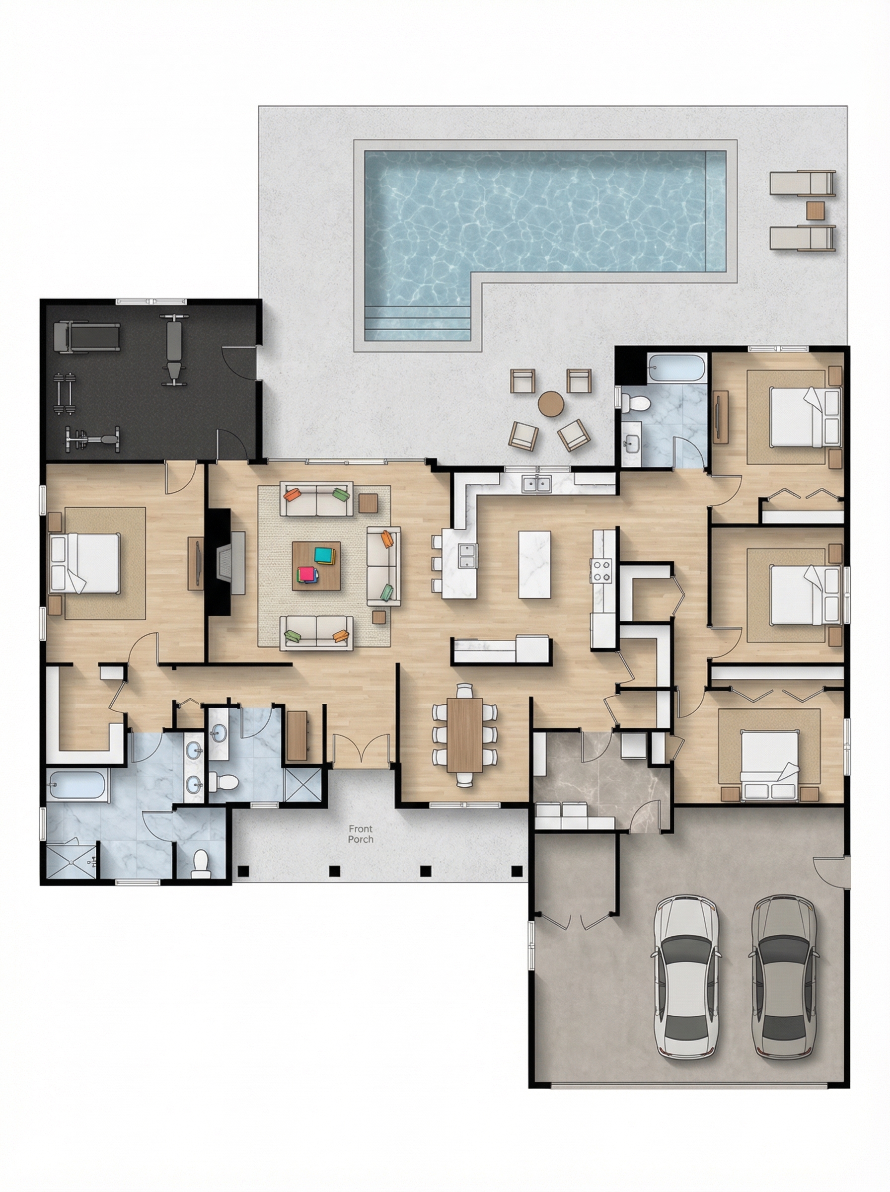 4 bedroom earthy floor plan showing 3 bathrooms - 5,065 sq ft