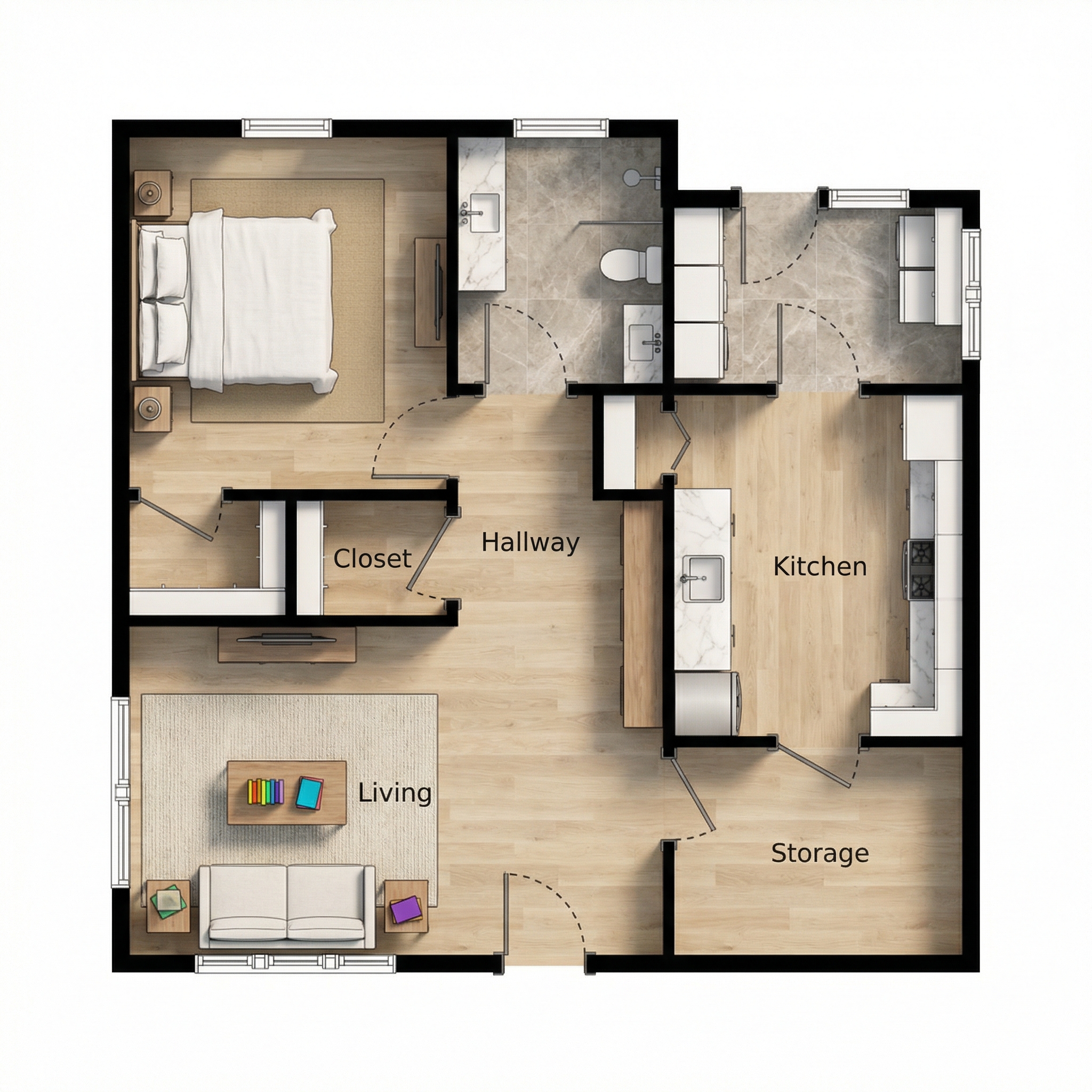 1 bedroom dark floor plan showing 1 bathrooms - 756 sq ft