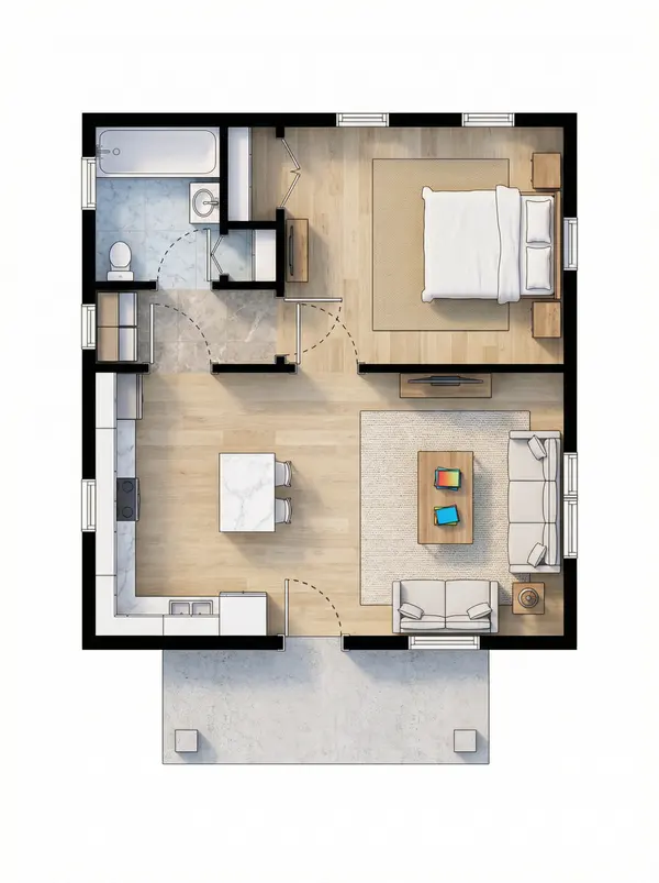 Bright Tiny 1-Bed House with Porch floorplan