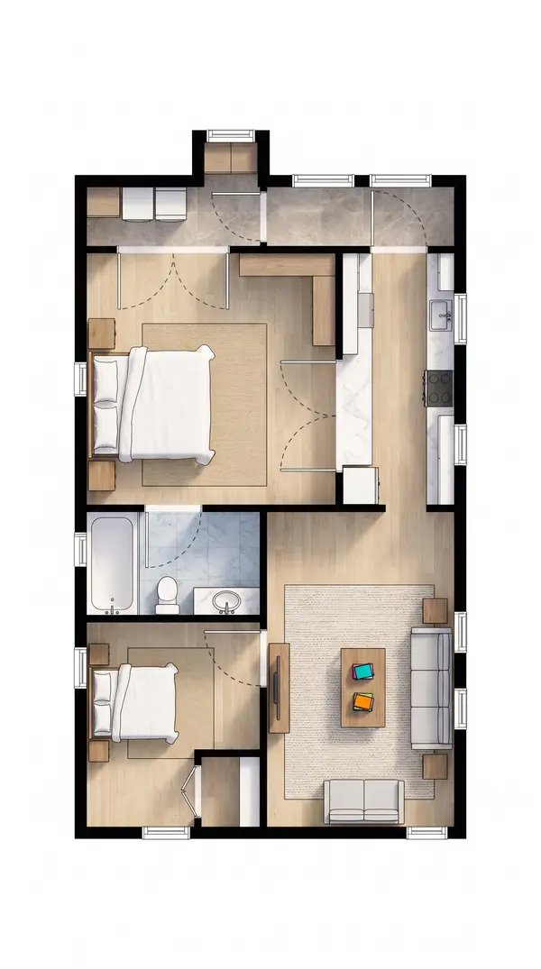 Bright 2-Bed Tiny House floorplan