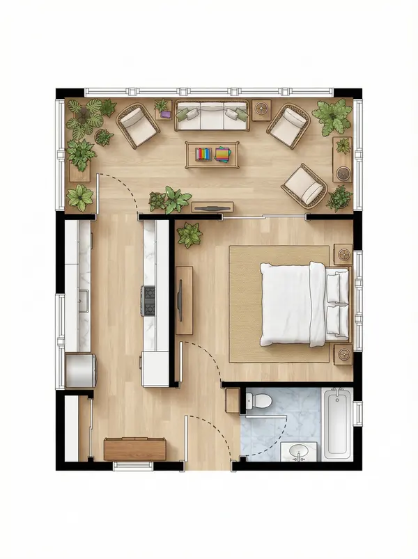 Compact 1-Bed Earthy floorplan
